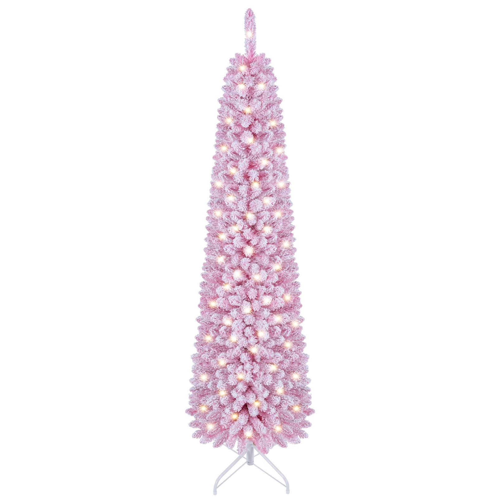 1 Costway 1.8M Pink Flocked Christmas Tree Artificial Pre-Lit Xmas Tree 8 Modes - Pink, 1 of 10