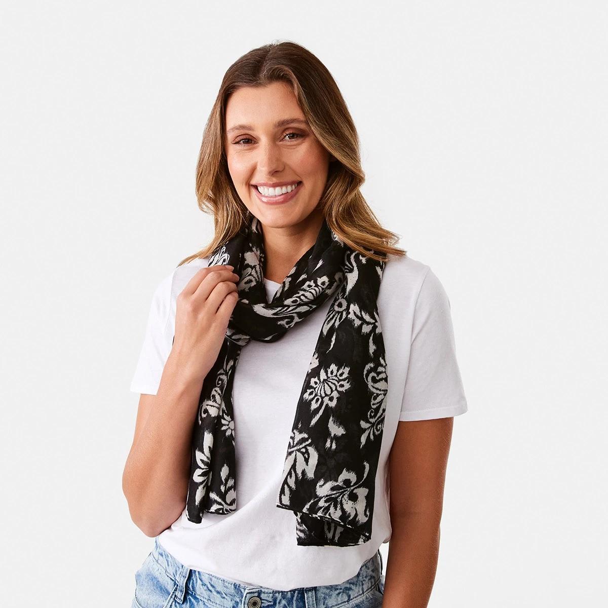 3 Large Lightweight Scarf FLORAL IKAT BLACK, 3 of 3