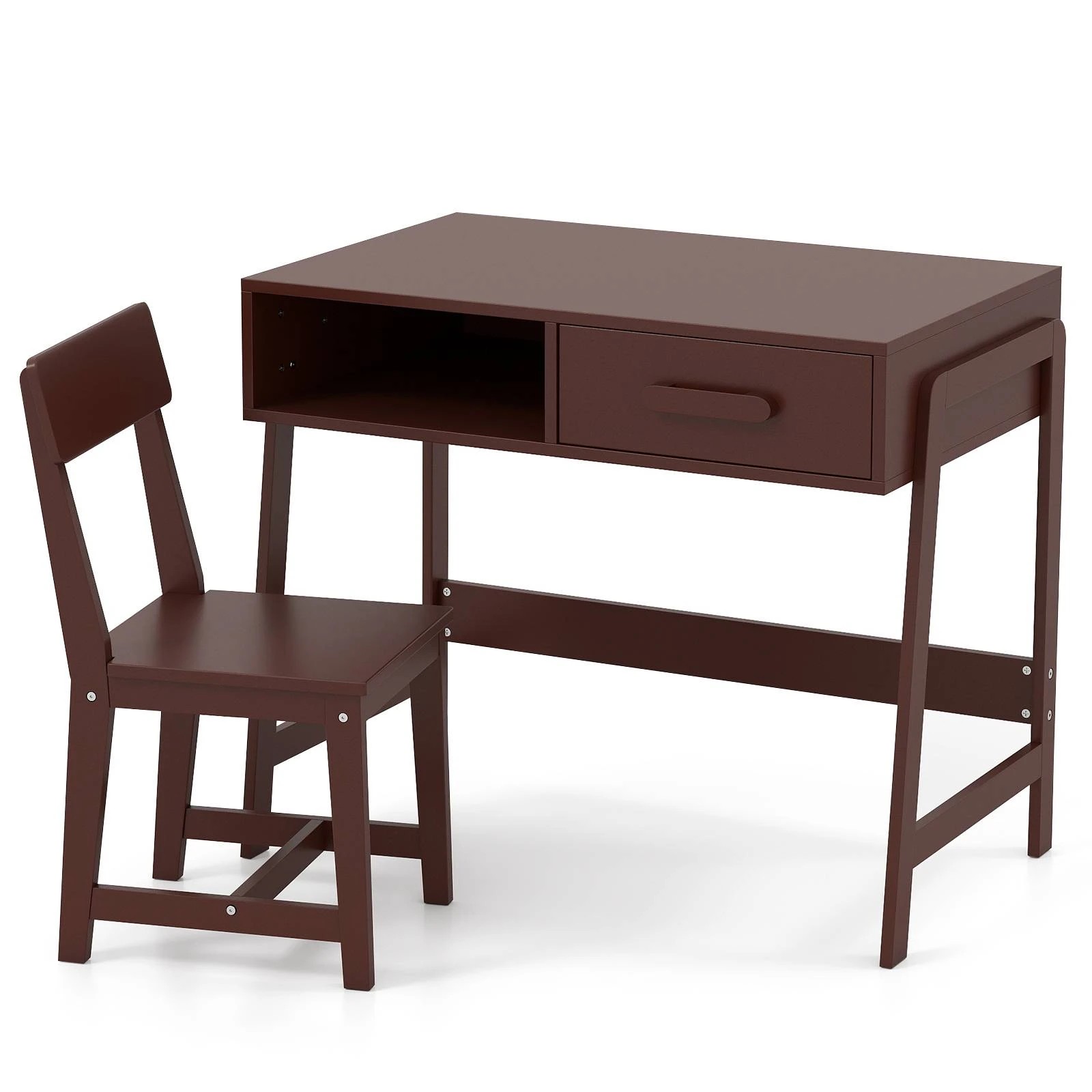 1 Costway Table & Chair Set Wooden Study Desk w/Drawer - Brown, 1 of 2