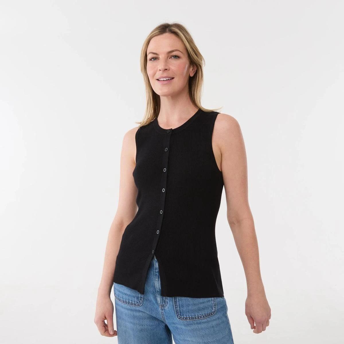 1 Sleeveless Rib Button Tank BLACK, 1 of 5