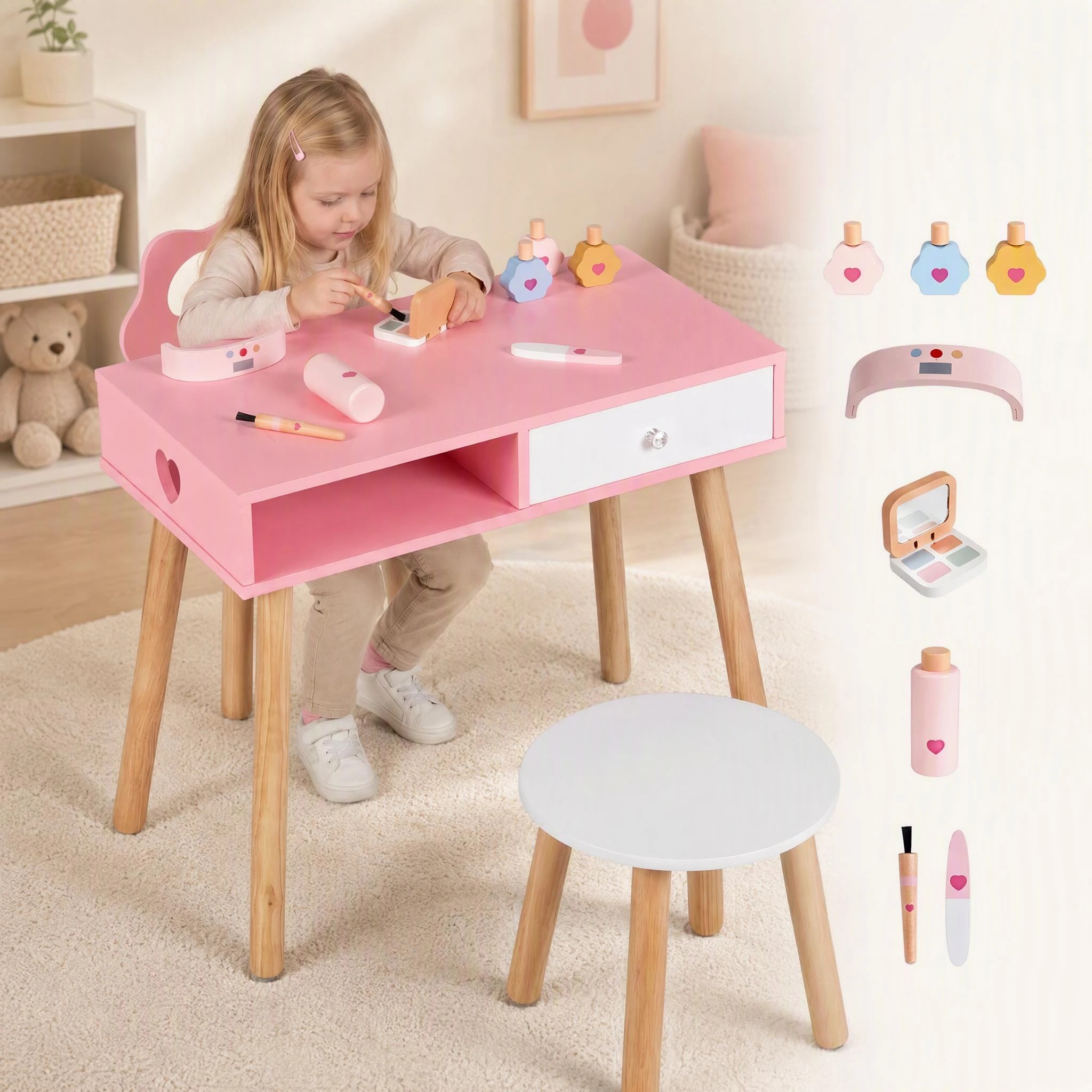 2 Costway Table Chair & Stool Set Pretend Nail Salon Playset - Pink, 2 of 9