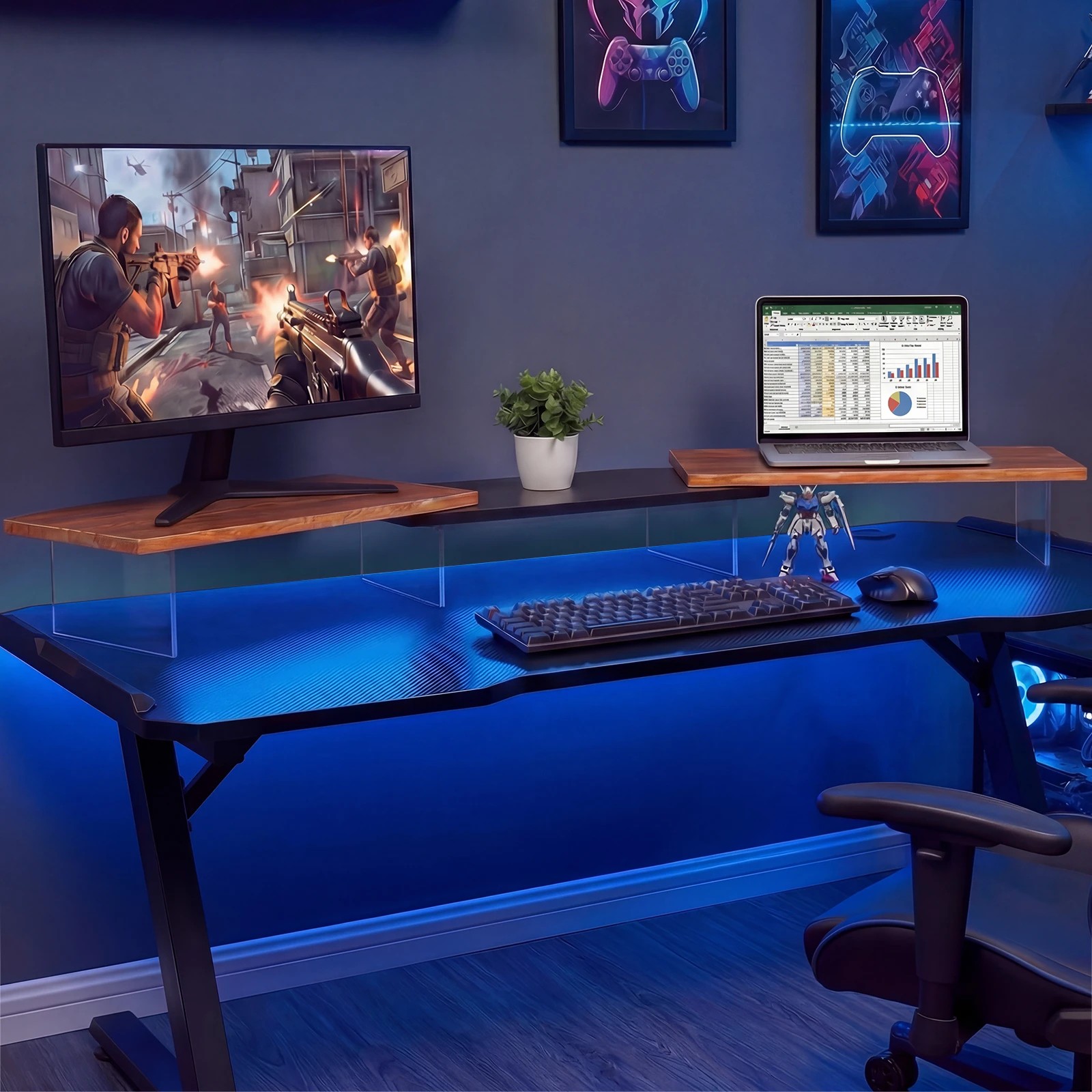 3 Advwin 113cm LED Dual Monitor Stand w/ Acrylic Leg Adjustable Brown, 3 of 7