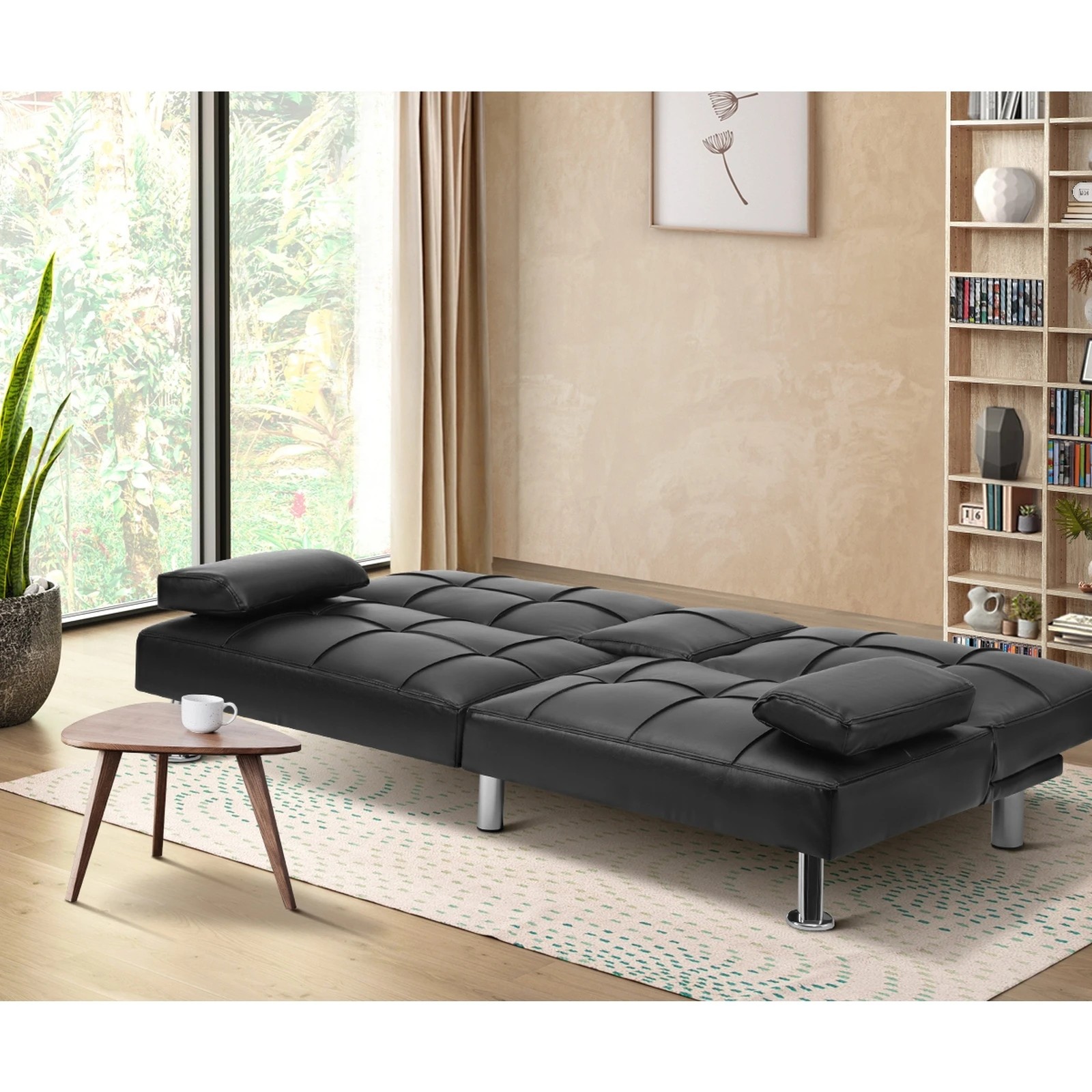 3 Oikiture Sofa Bed Lounge Leather 3 Seater Futon Couch Beds Sofabeds Cup Holder
 - Black, 3 of 10