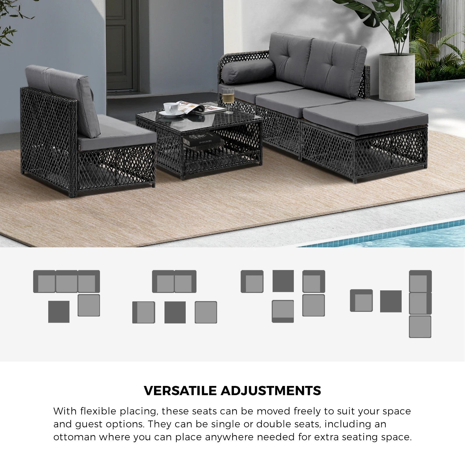 5 Livsip Outdoor Sofa Set 4 Seater Wicker Lounge Setting - Black, 5 of 8