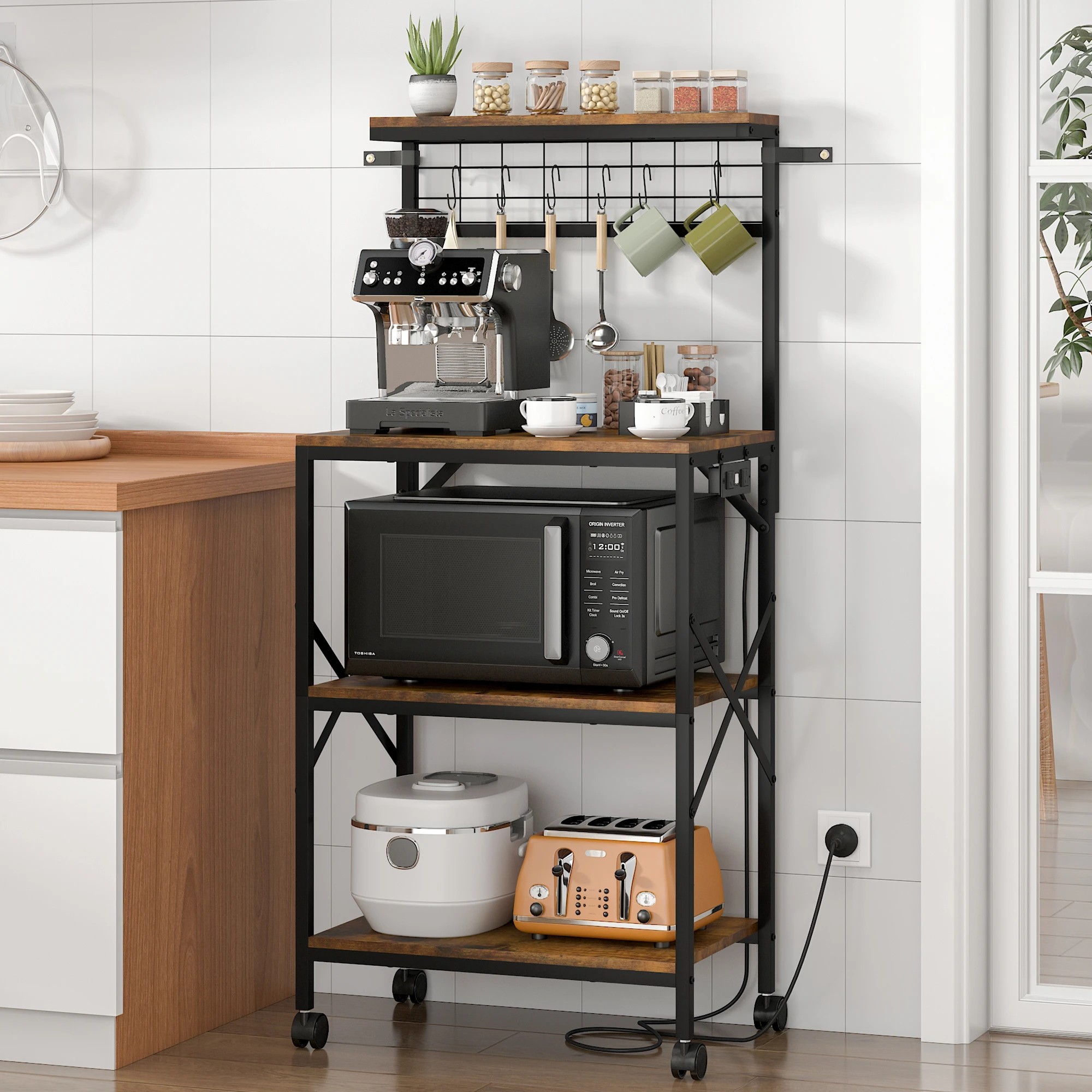 3 Advwin 4 Tiers Kitchen Bakers Rack With Power Outlet 60×40×130cm - Brown, 3 of 9