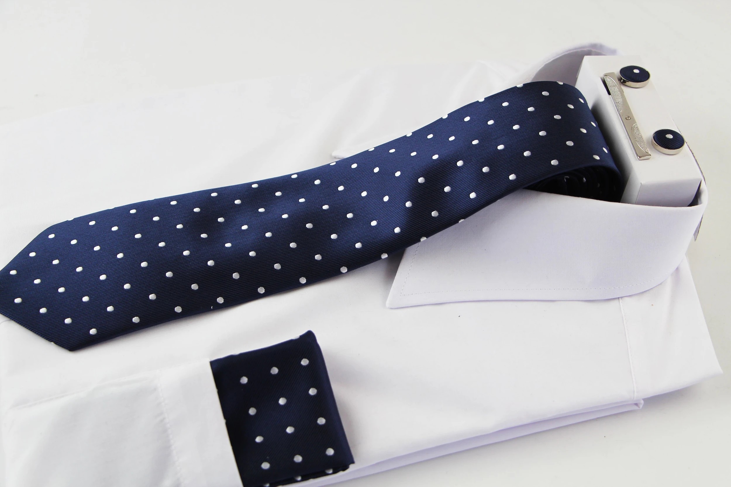 1 Zasel Mens Navy With White Polka Dot Matching Neck Tie, Pocket Square, Cuff Links And Tie Clip Set - White, 1 of 3