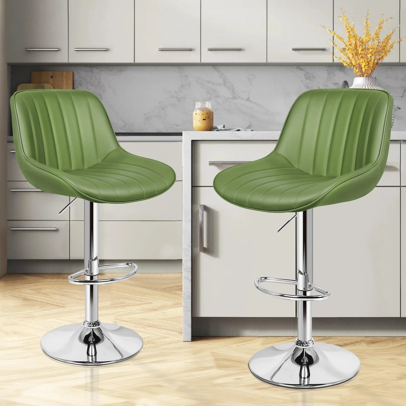 2 Alfordson 2x Bar Stools Gas Lift Leather Bar Chairs Kitchen Swivel - Green, 2 of 9