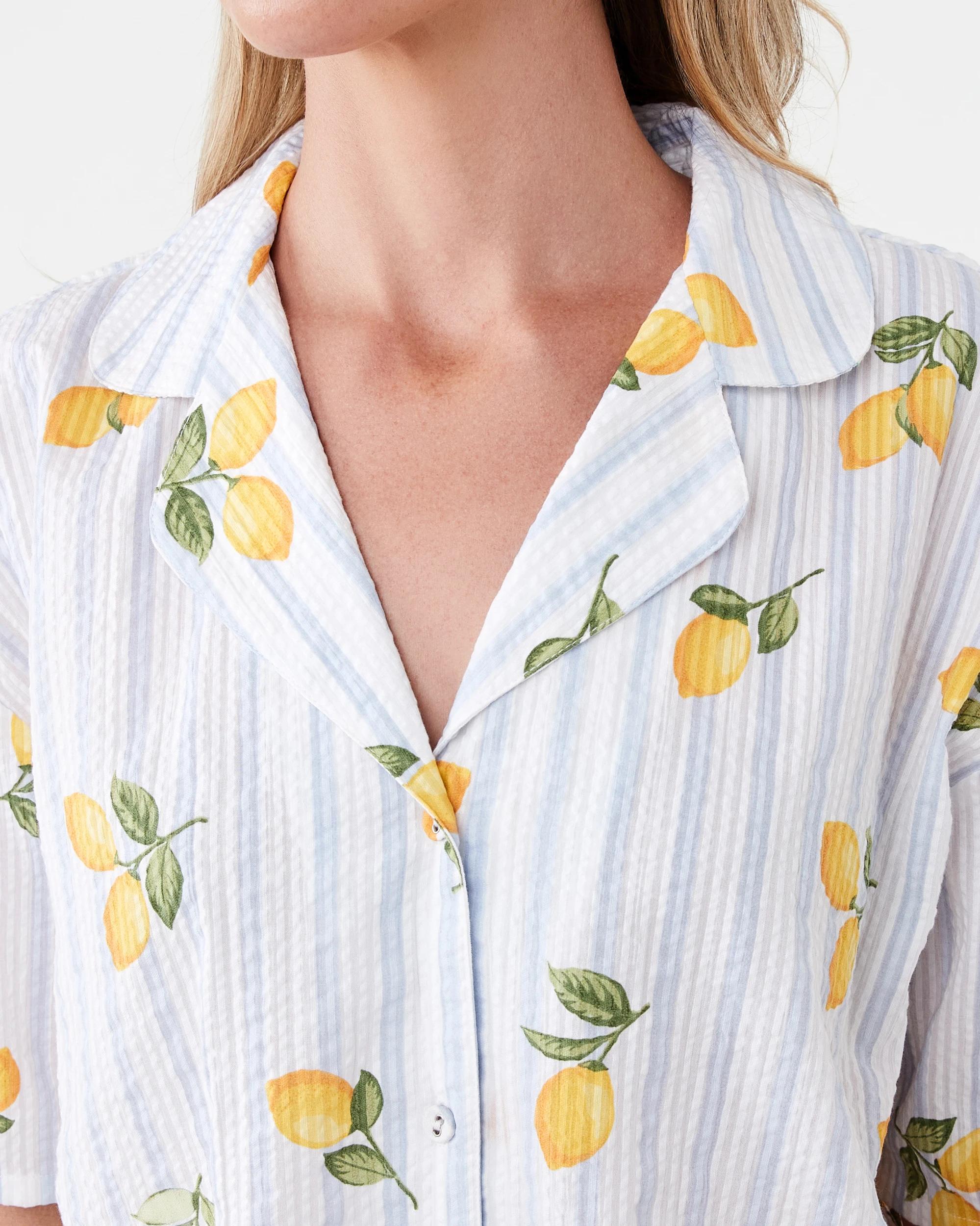 5 Cotton Seersucker Short Sleeve and Shorts Pyjama Set Lemon Strp, 5 of 8