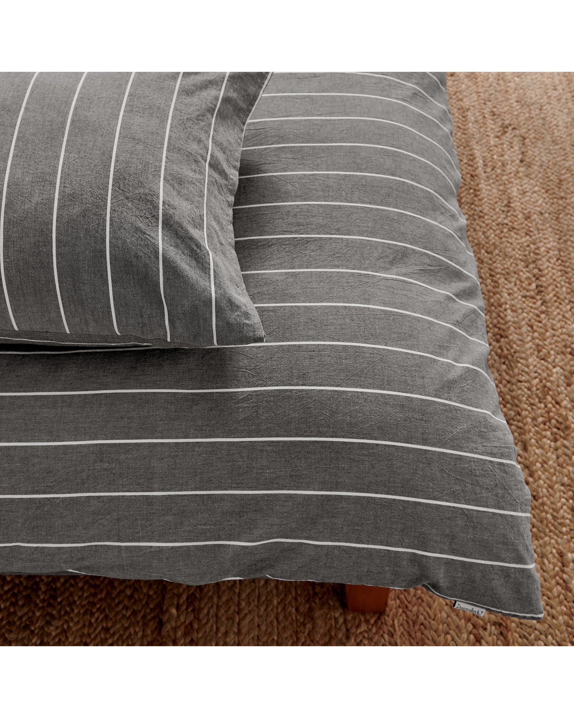 4 Dreamaker Rumi Stripe Washed Cotton Reversible Quilt Cover Set - Double Bed - Graphite with White, 4 of 6