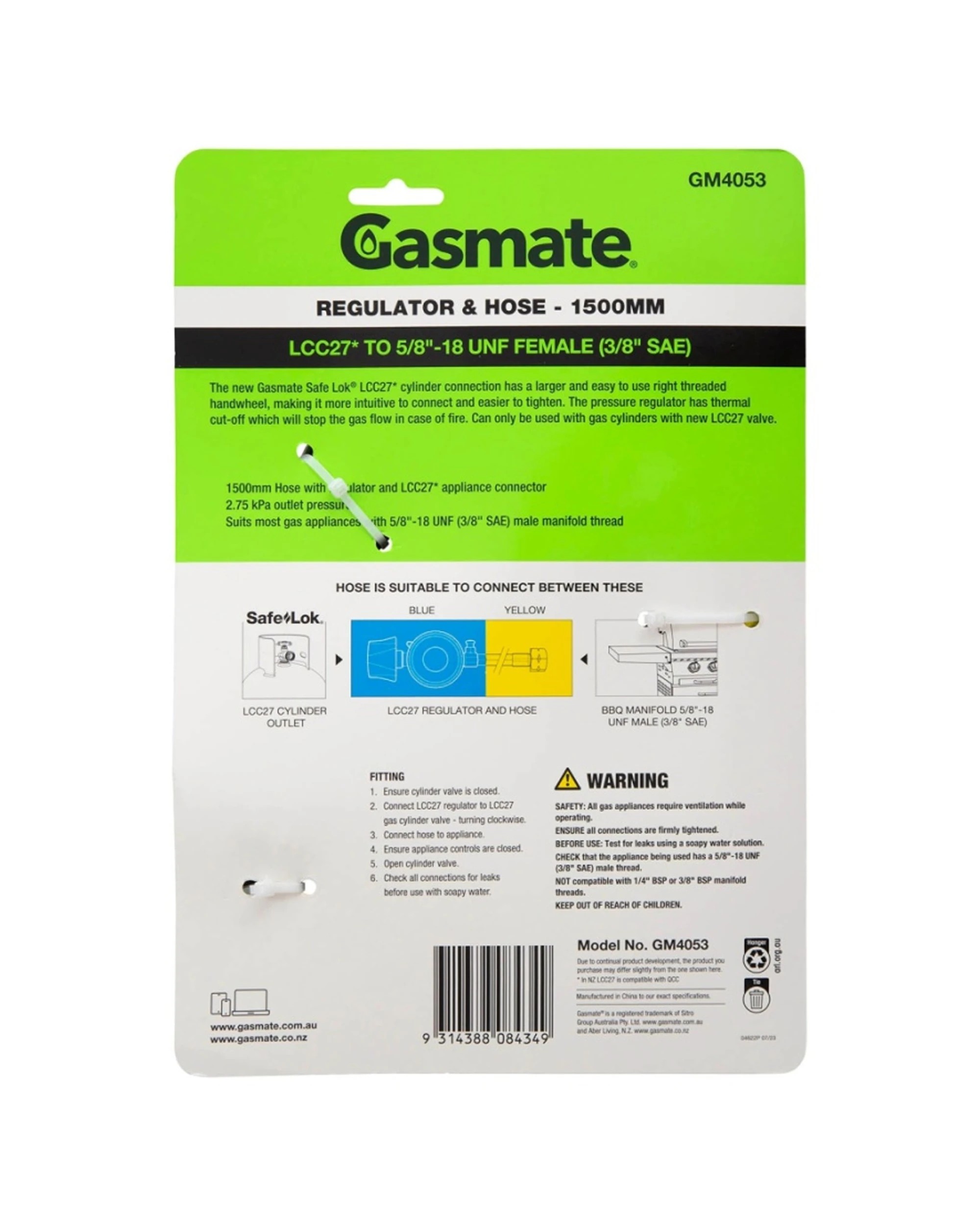 2 Gasmate Regulator And Hose 1500mm LCC27 To 5/8 UNF 3/8 SAE - Black, 2 of 3