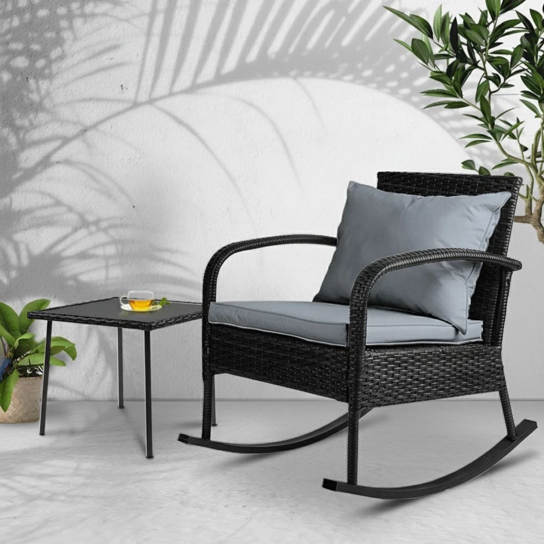 6 Gardeon 2PC Rocking Chair Table Wicker Outdoor Furniture Patio Lounge Setting - Black, 6 of 6