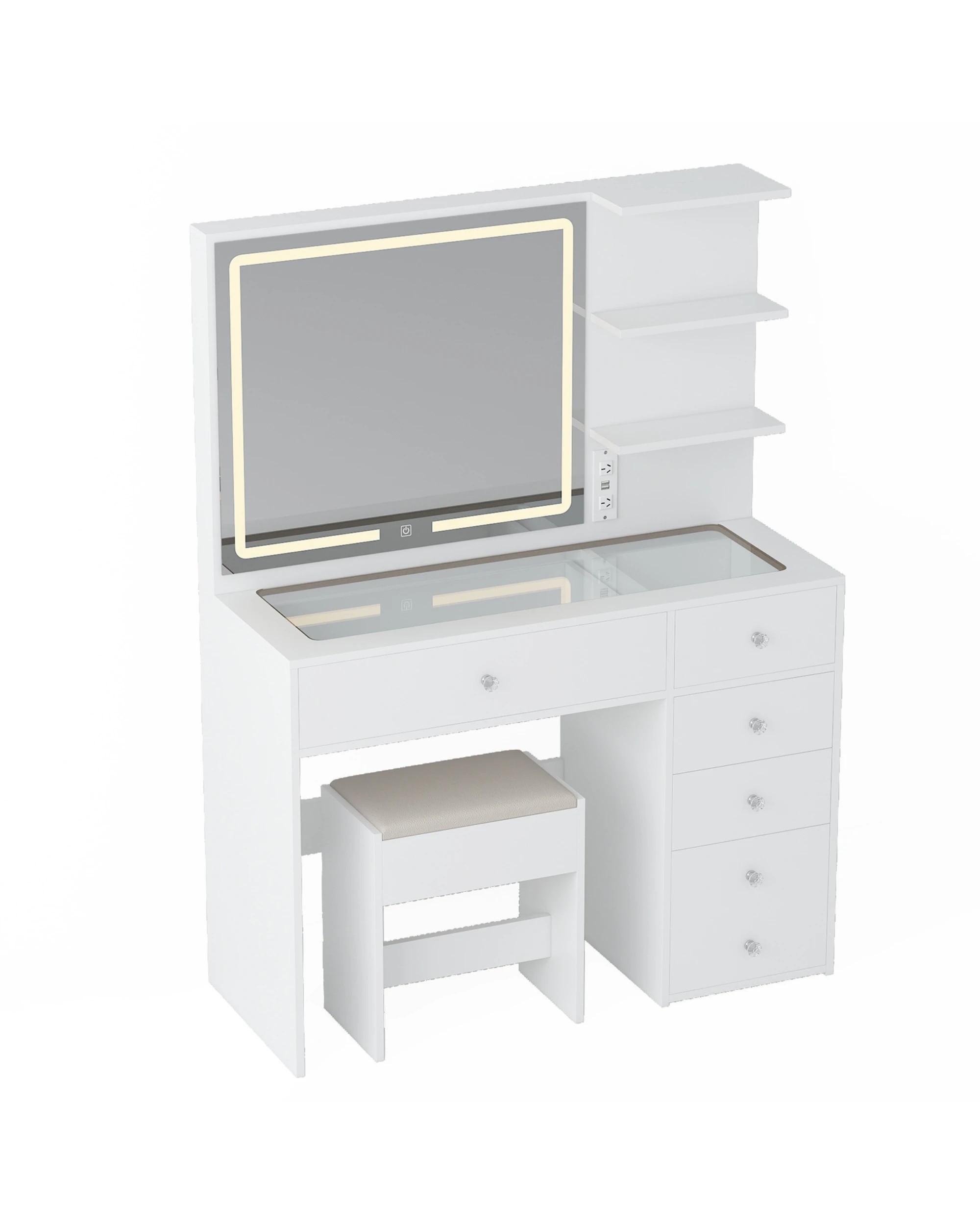 1 Advwin Dressing Table Stool Set Charging Station Lights Glass Tabletop Vanity Desk
 - White, 1 of 10