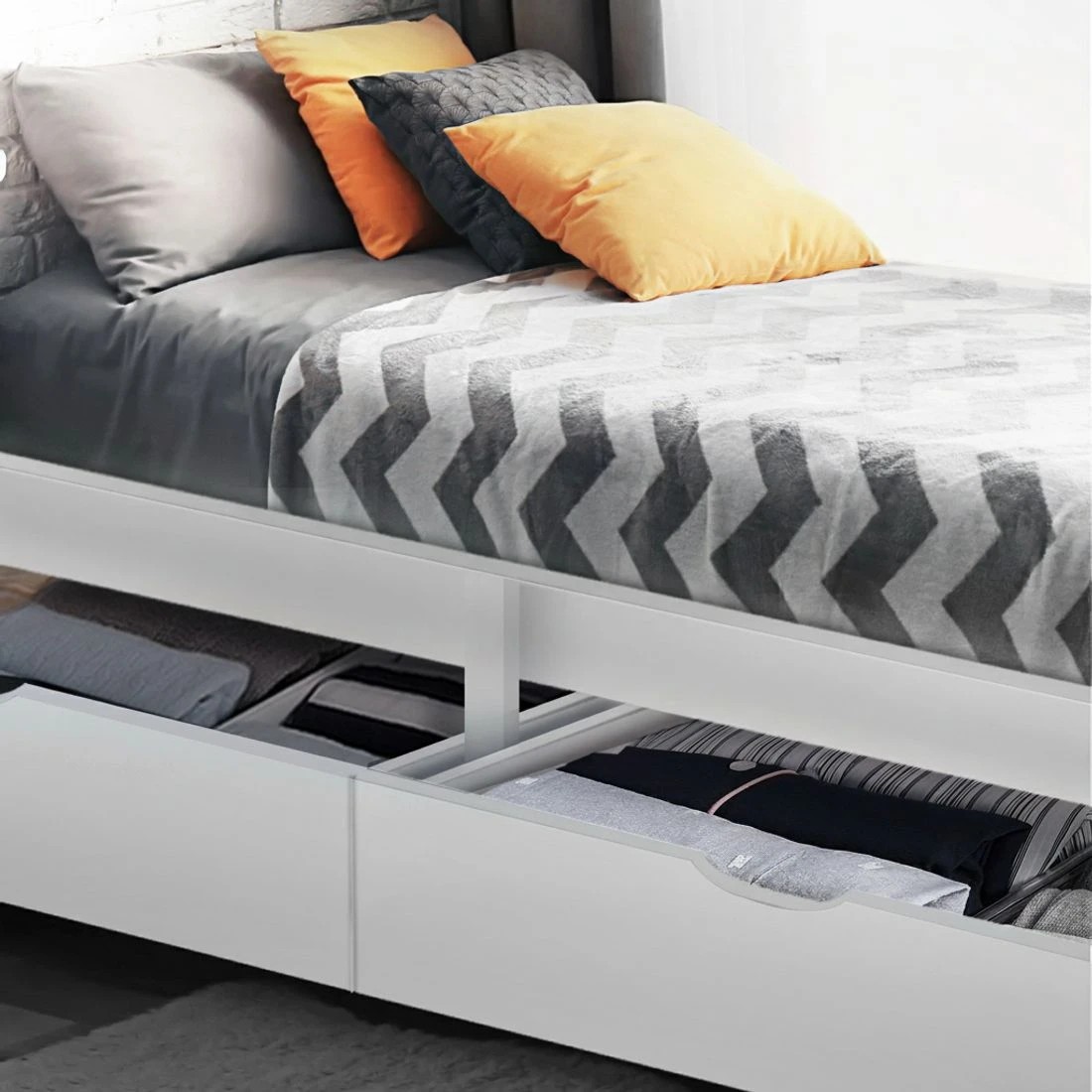 4 Artiss Bed Frame Single Size Wooden with 2 Drawers  RIO - White, 4 of 7