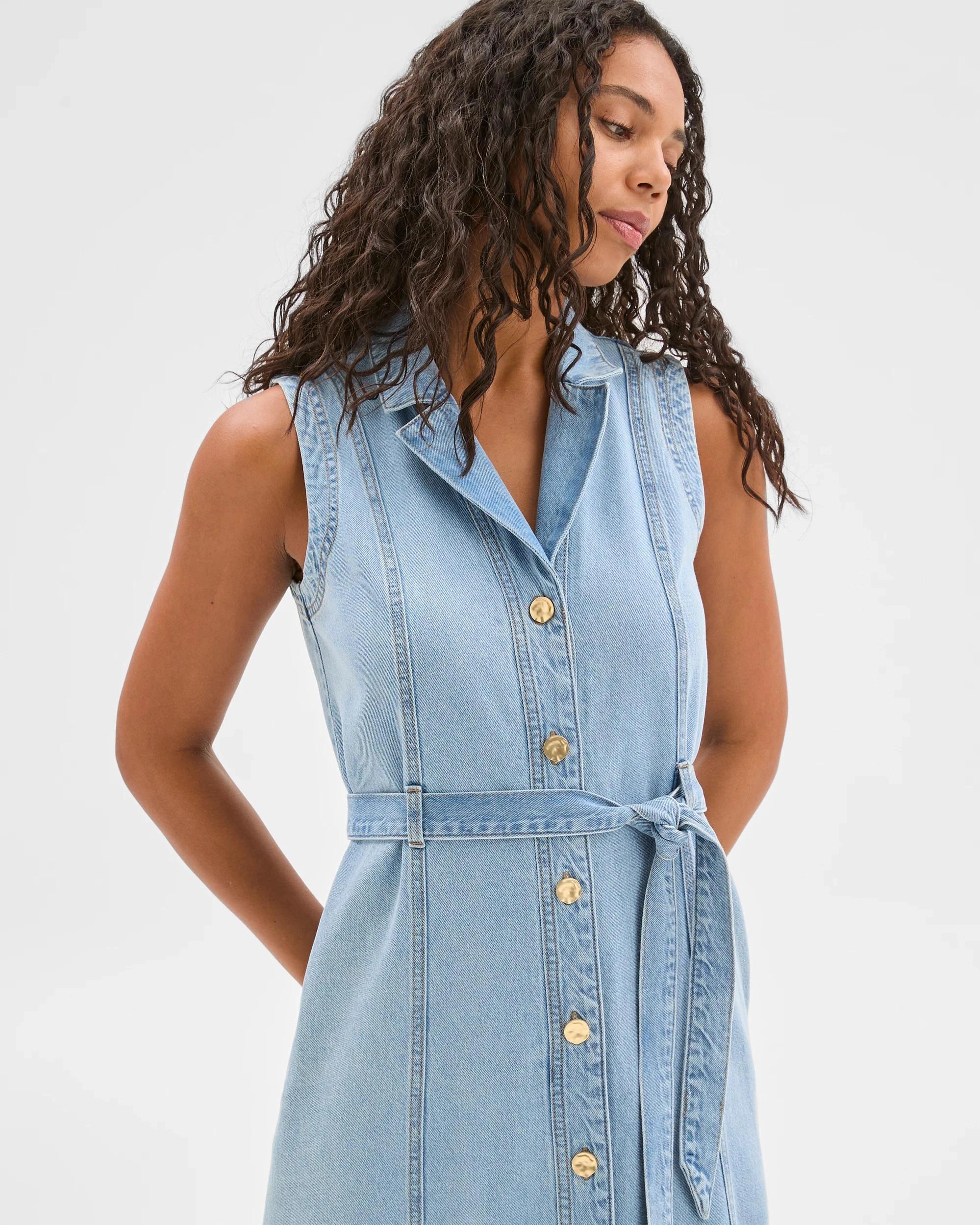 3 Target Denim Sleeveless Denim Belted Midi Shirt Dress CLASSIC BLEACH, 3 of 6
