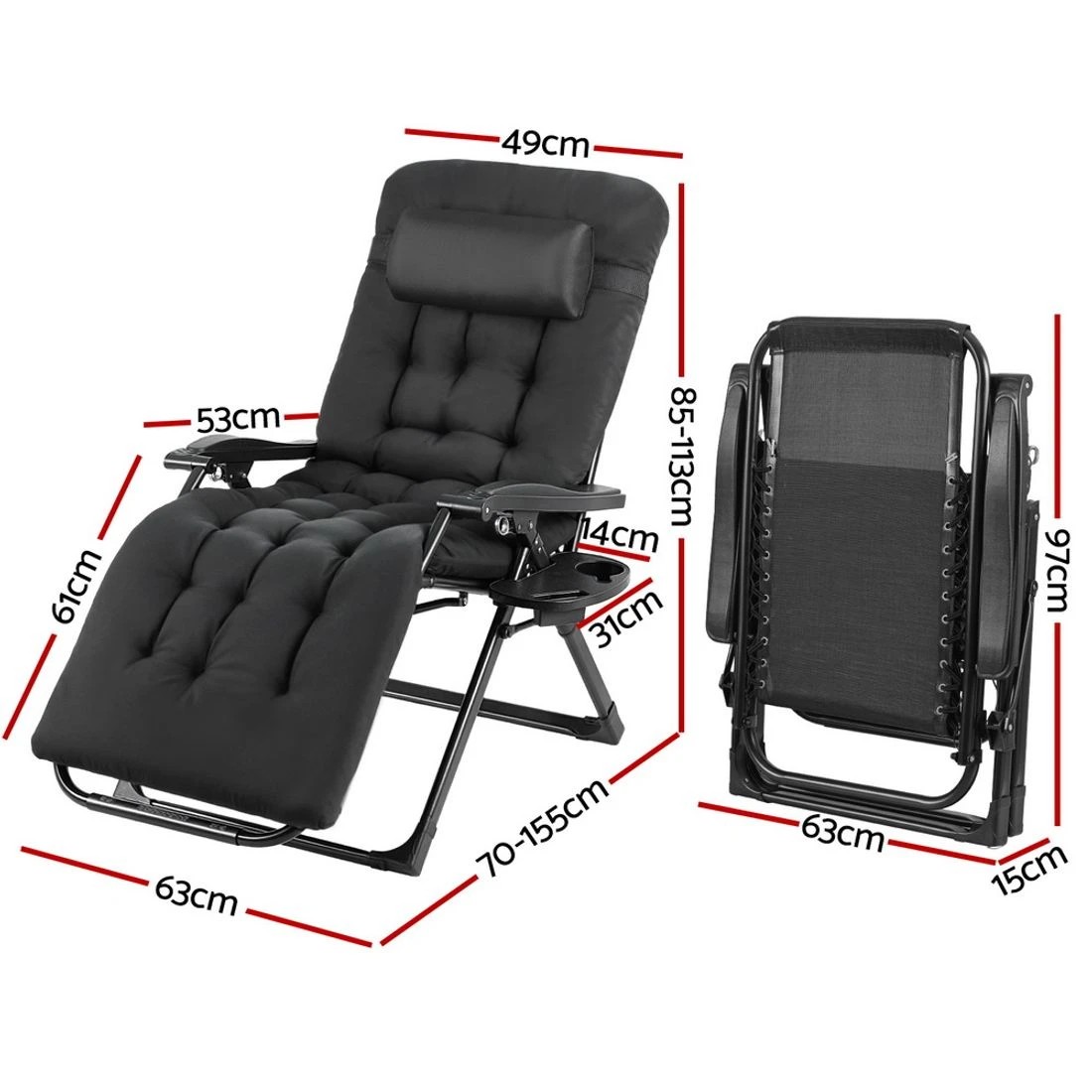 2 Gardeon Zero Gravity Sun Lounger Folding Recliner Adjustable Textilene Chair Removable Headrest Outdoor Relax - black, 2 of 7