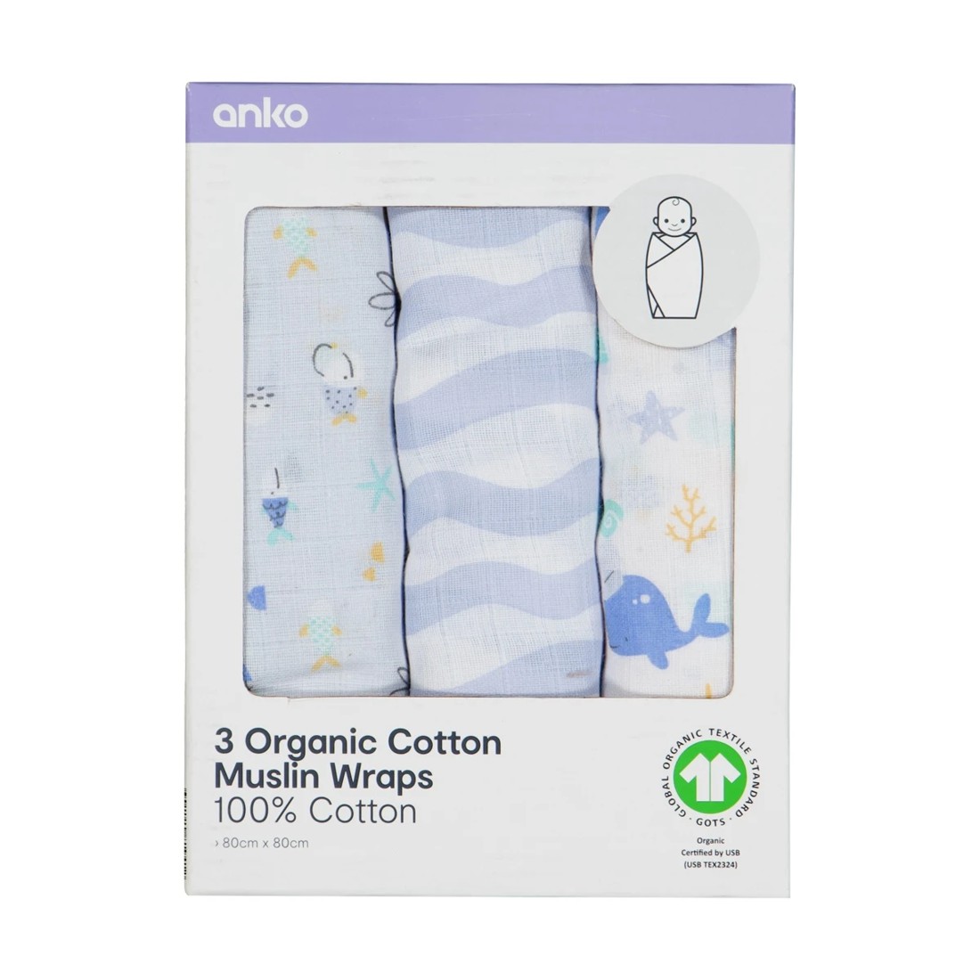 3 3 Pack Organic Cotton Muslin Wraps - Ocean, 3 of 6