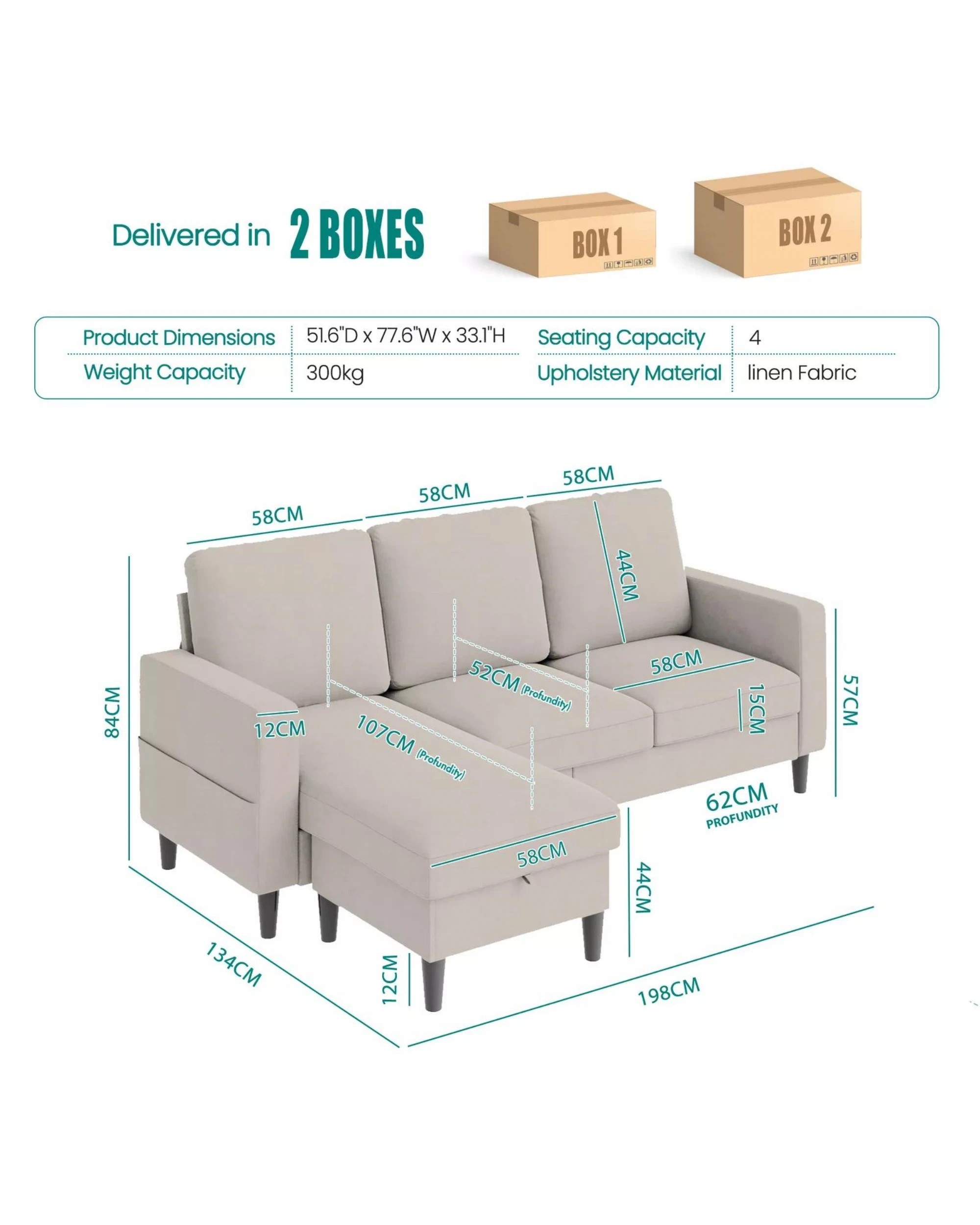 2 Advwin 3 Seater Sofa Modular Lounge Chaise Set With Storage Ottoman Beige, 2 of 10