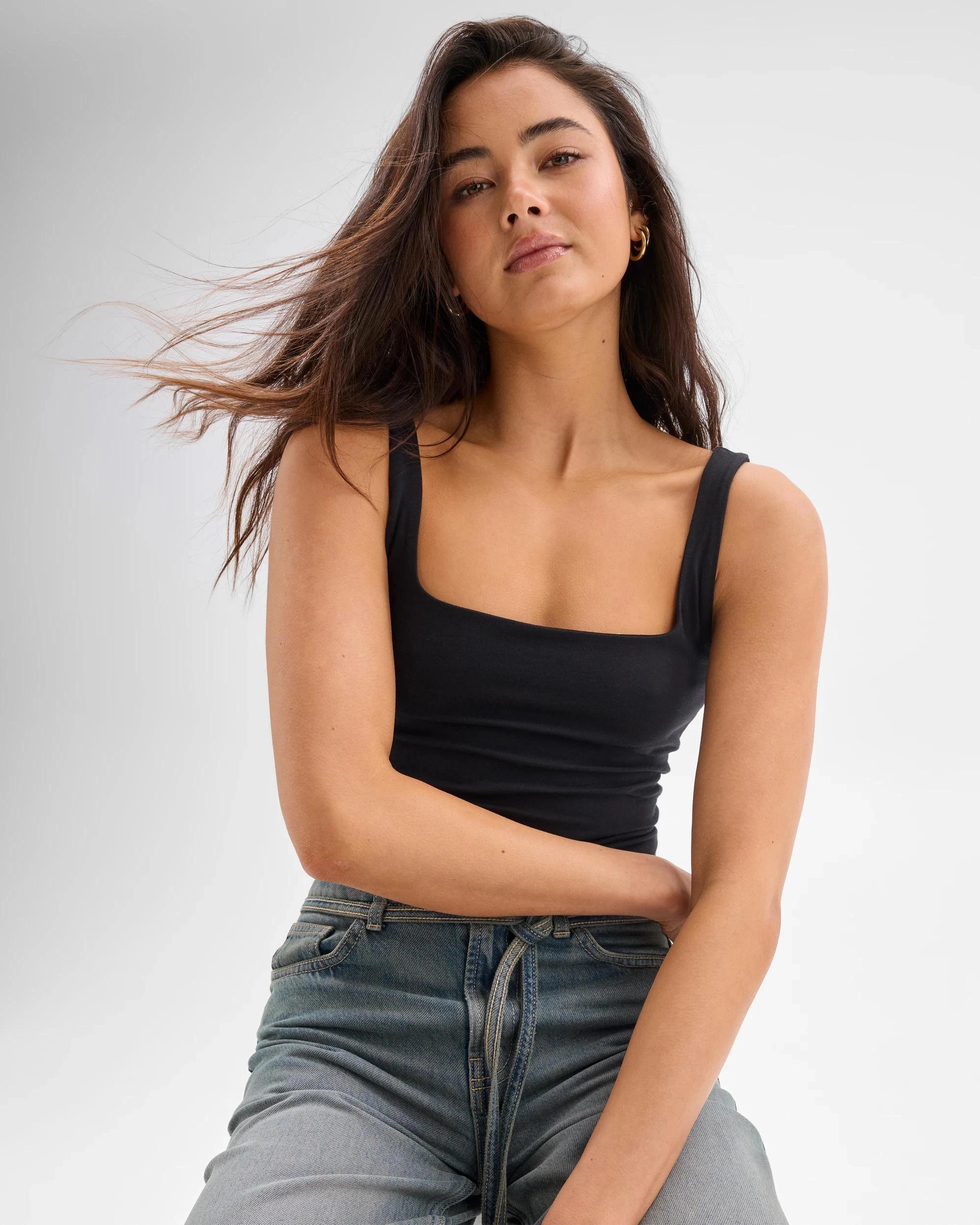 1 Australian Cotton Double Layer Square Neck Tank Top - Lily Loves BLACK, 1 of 6