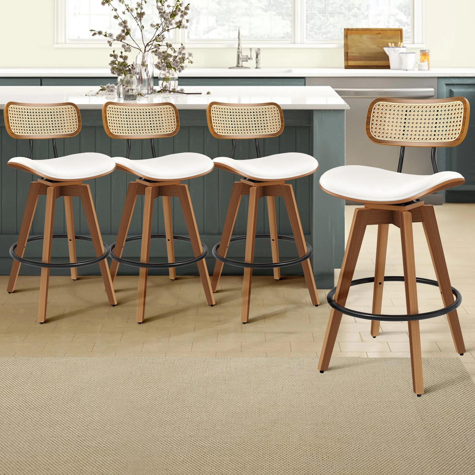 3 Alfordson 4x Bar Stools Kitchen Vintage Leather Seat Rattan Chair - White, 3 of 9