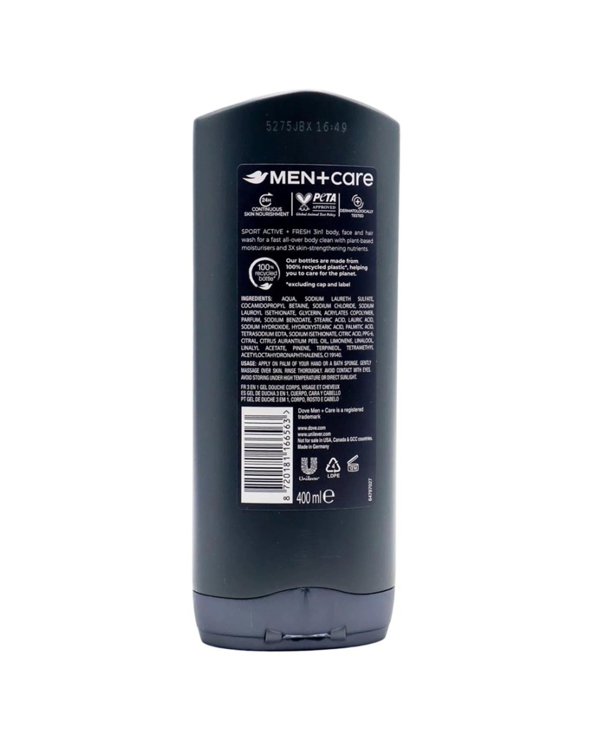 3 Dove 6pk Men Care Sport Care Active Fresh Body Face Hair Wash Cleanser for Men 400ml - Grey, 3 of 3