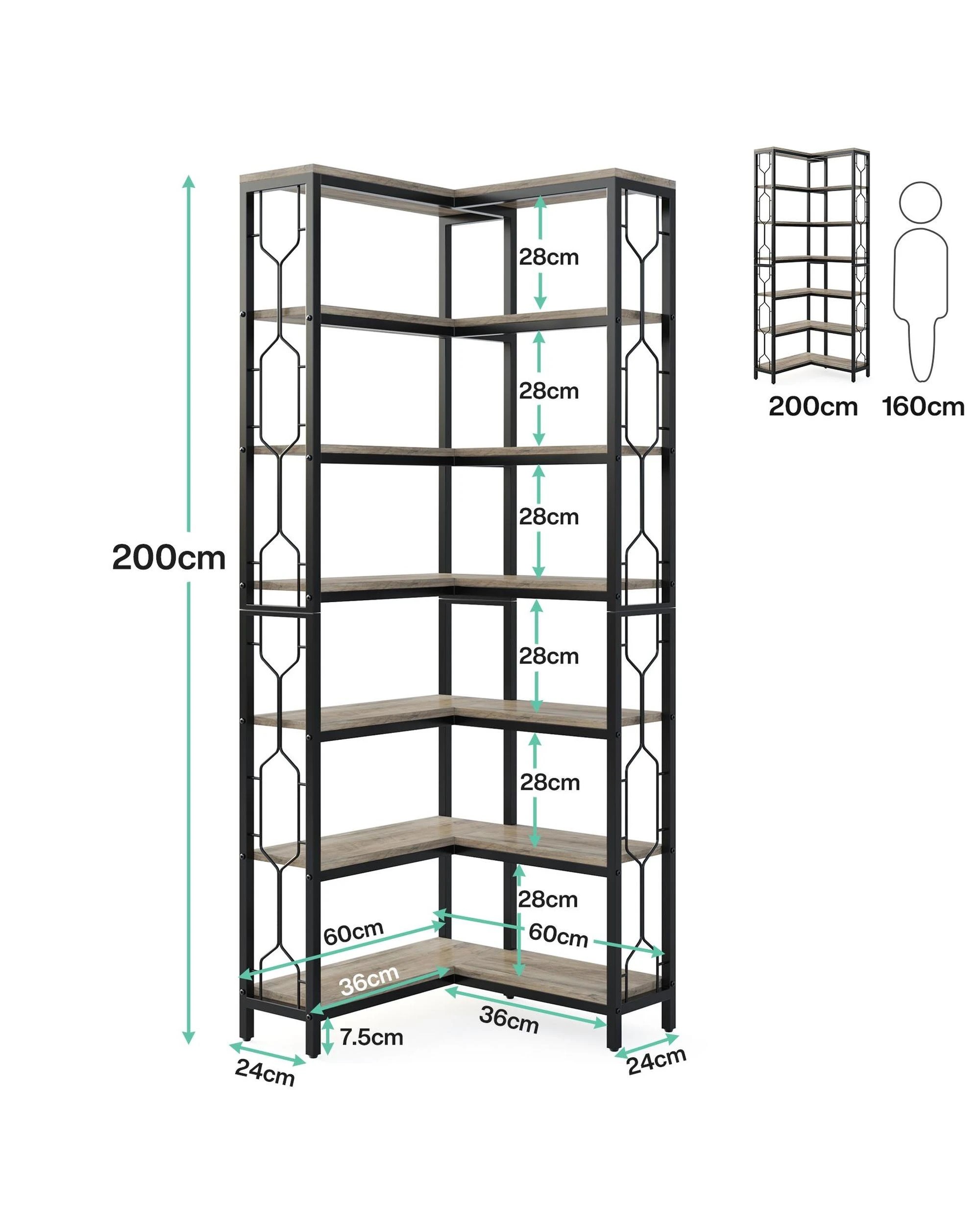 5 OAKORY 200cm L-Shaped Corner Shelf, Freestanding 7-Shelf Bookshelf, Metal Frame Display Rack, 5 of 6