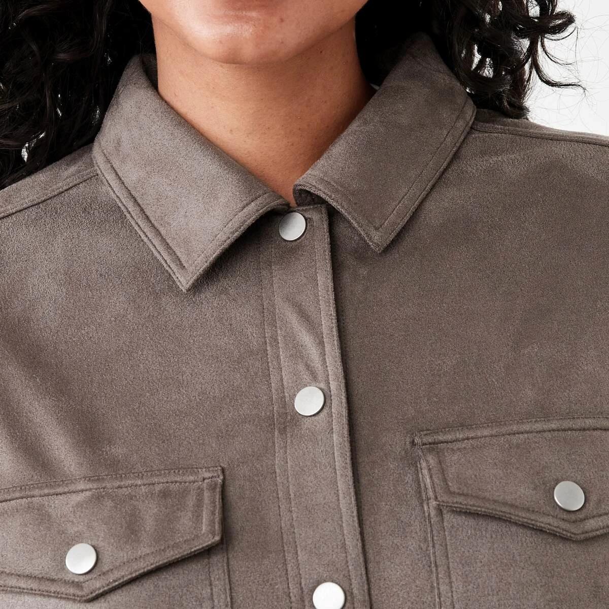 6 Long Sleeve Suedette Shirt Taupe Brn, 6 of 8