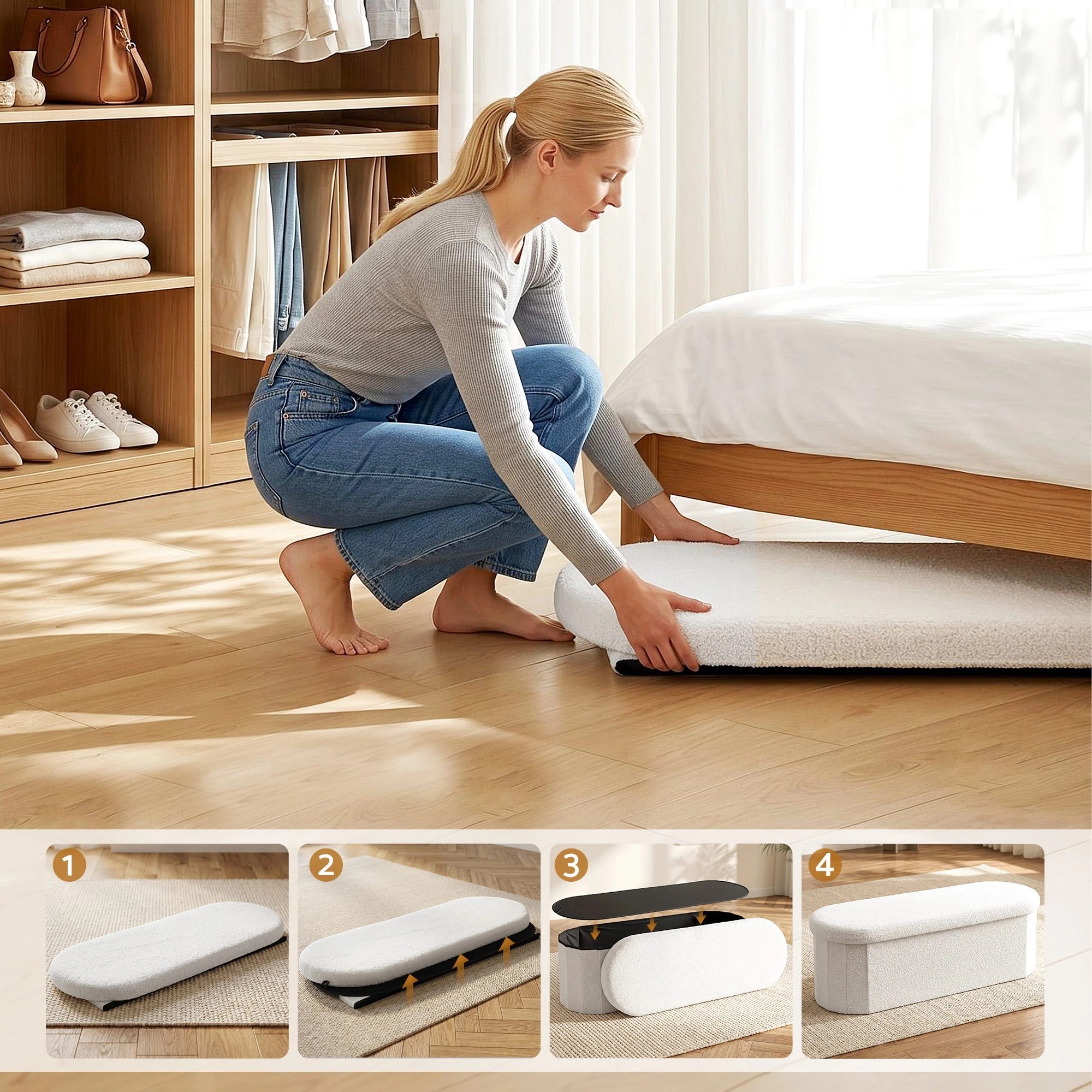 4 Artiss Storage Ottoman Foot Stool Rest Boucle Fabric Foldable - White, 4 of 7