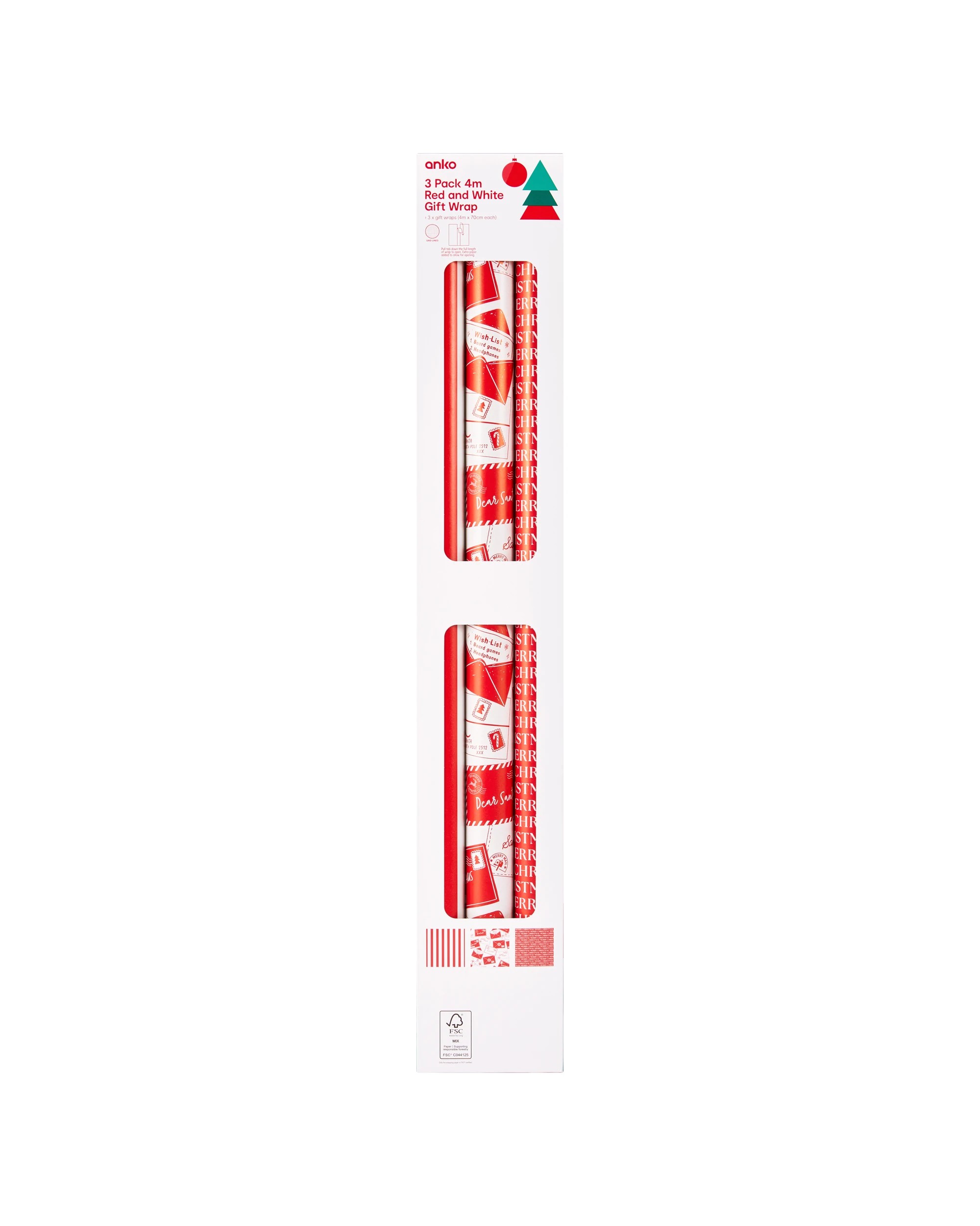 4 3 Pack 4m Red and White Gift Wrapping Paper, 4 of 5