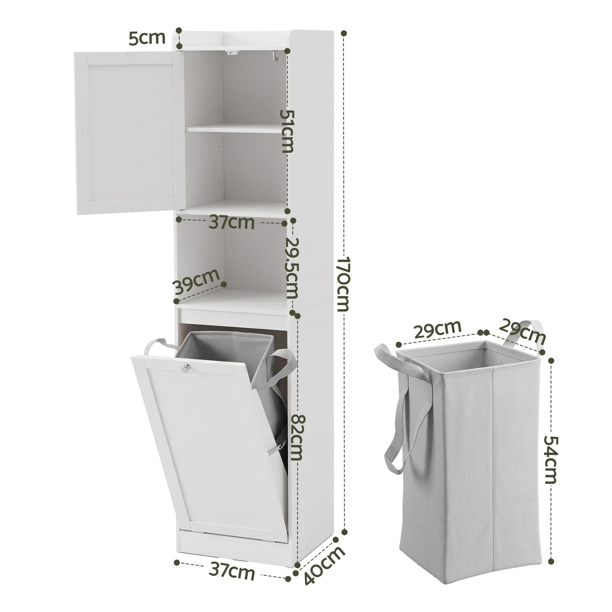 3 Artiss Tall Bathroom Storage Cabinet with Tilt Out Laundry Hamper 170cm- White, 3 of 10