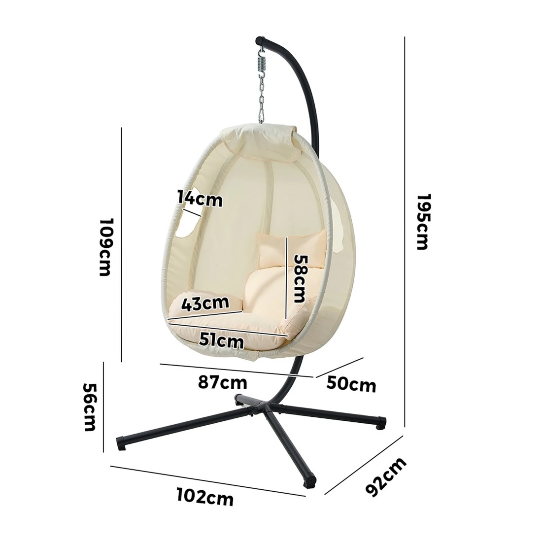 2 Livsip Outdoor Egg Hanging Chair Swing Seat Furniture with Stand Cushion - Beige, 2 of 8