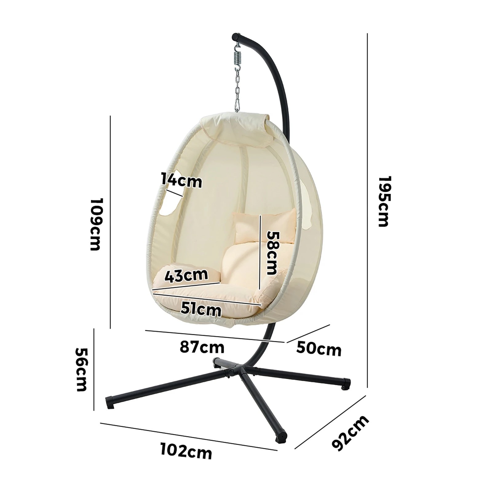 2 Livsip Outdoor Egg Hanging Chair Swing Seat Furniture with Stand Cushion - Beige, 2 of 8