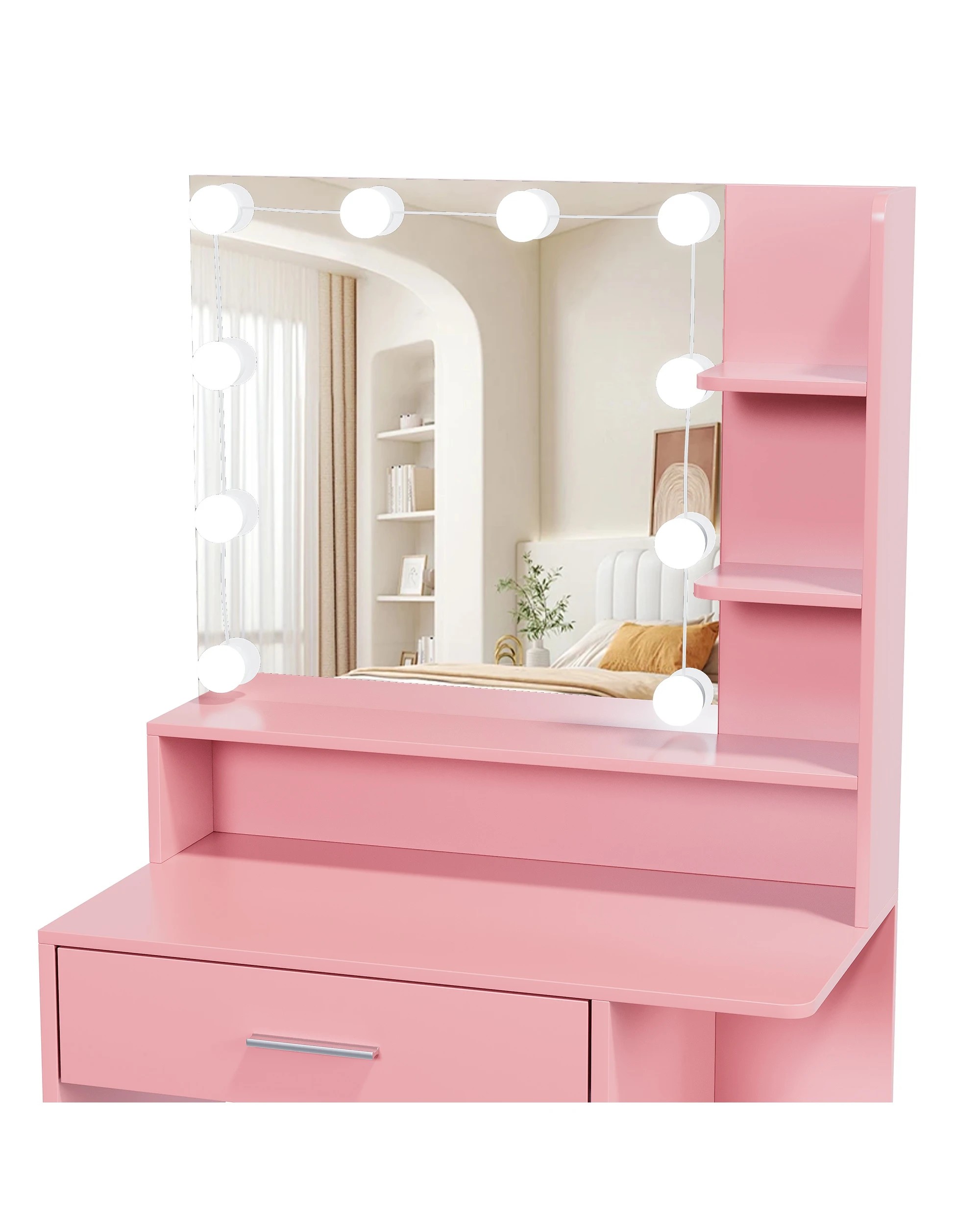 4 Advwin Dressing Table Stool Set LED Light Charging Station Glass Cabinet Tabletop - Pink, 4 of 9