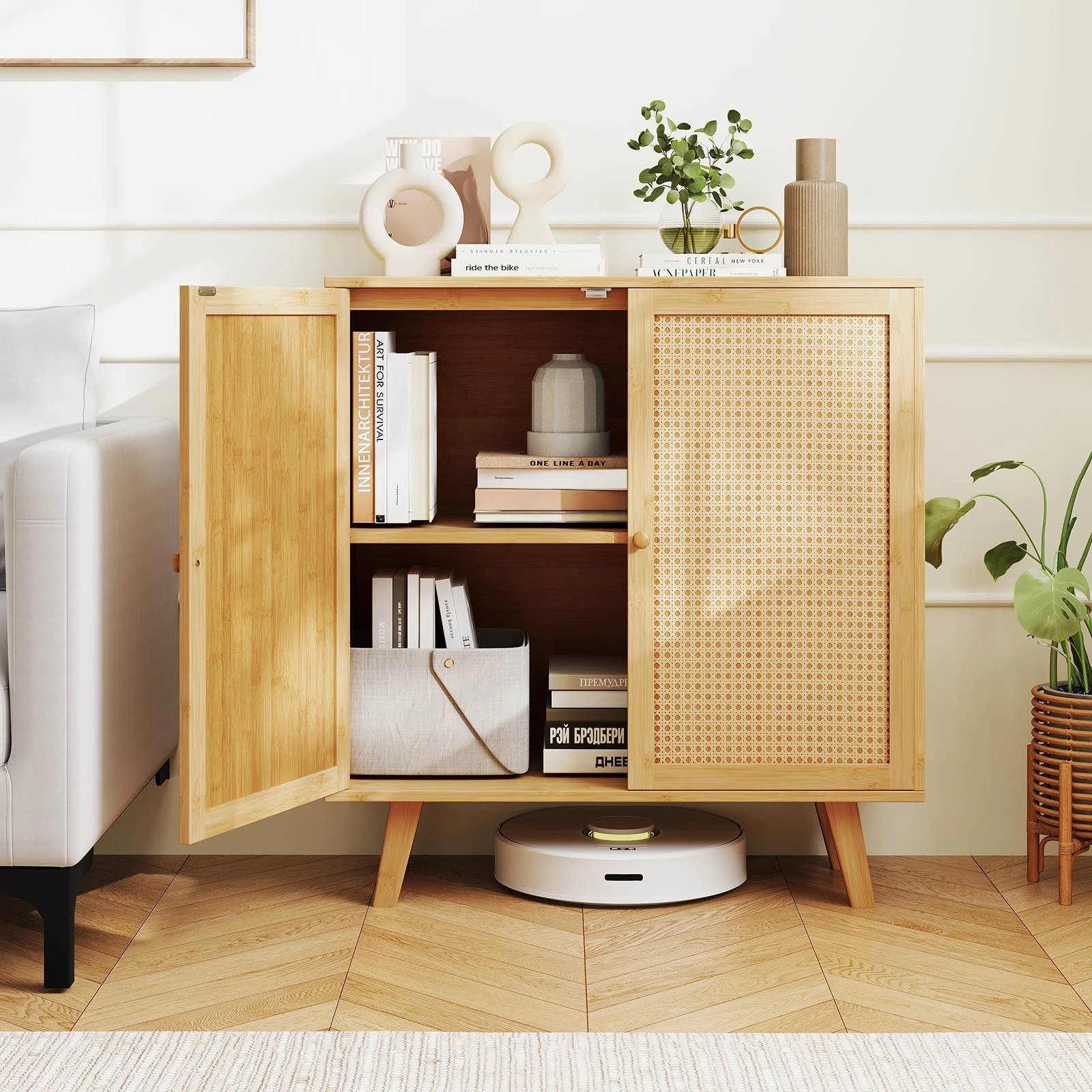 1 Costway Bamboo Buffet Sideboard Boho Storage Cabinet - Natural, 1 of 2