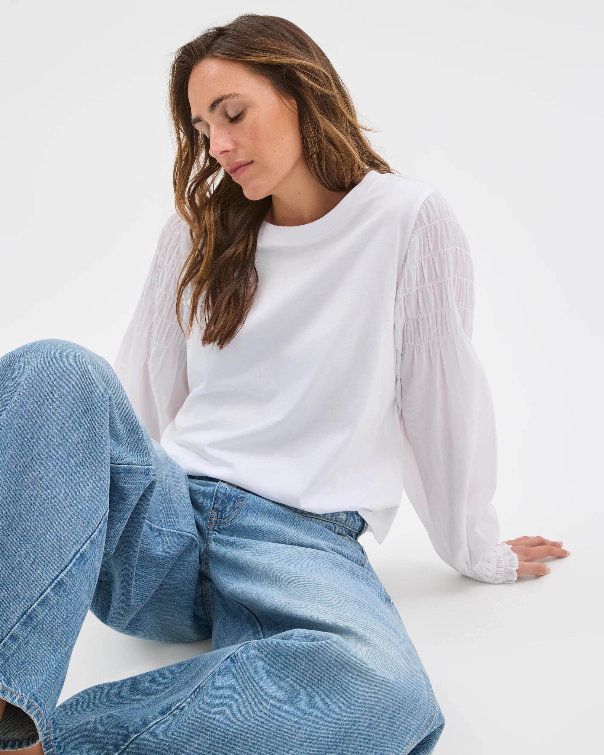 1 Target Woman Australian Cotton Long Sleeve Shirred Sleeve Top BRILLIANT WHITE, 1 of 6
