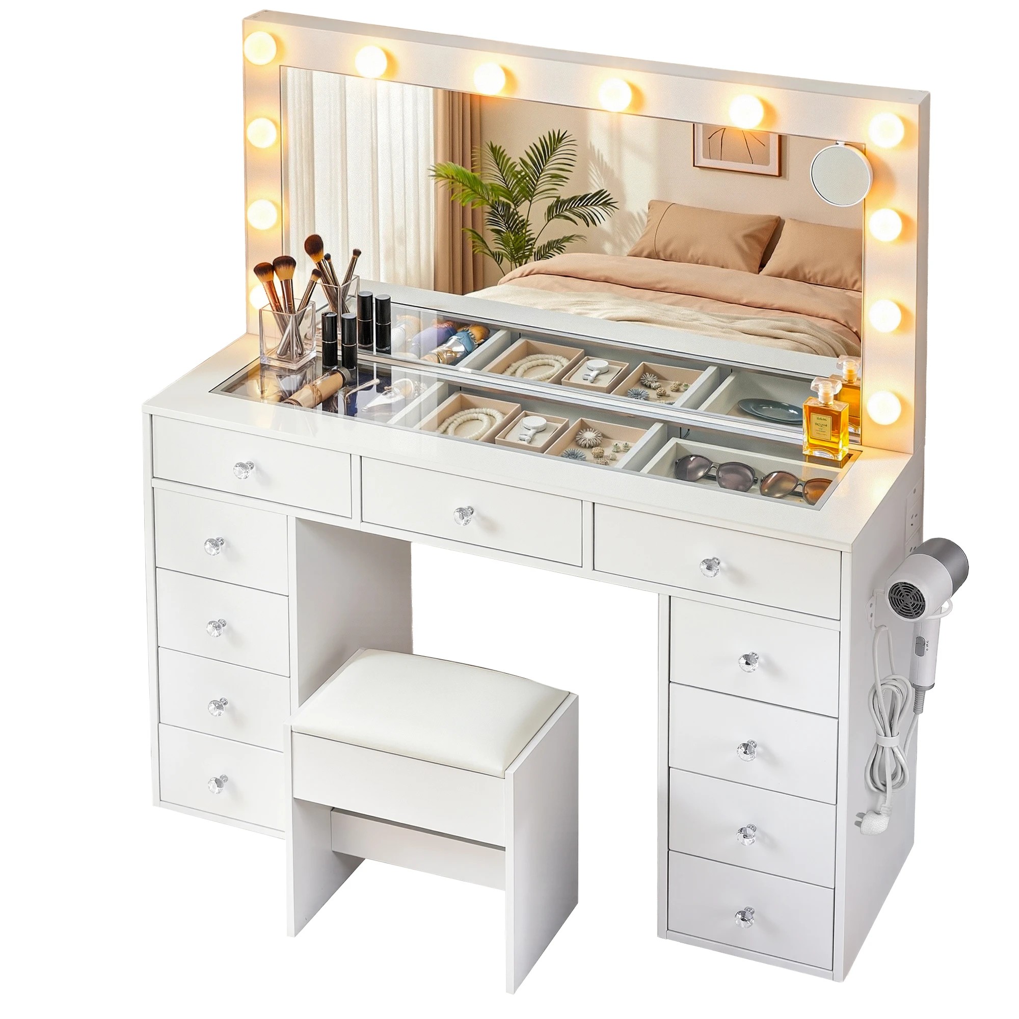 1 Artiss Dressing Table Vanity Desk Set Stool LED Bulbs - White, 1 of 3