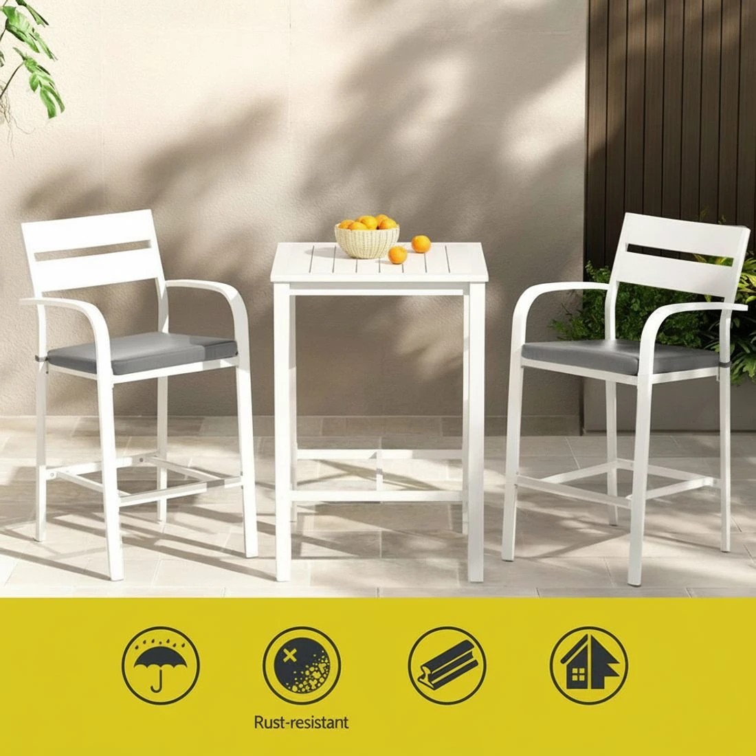 3 Gardeon Outdoor Bar Set Stools 3-Piece Dining Chairs Table Patio Aluminium Bistro Set - White, 3 of 4