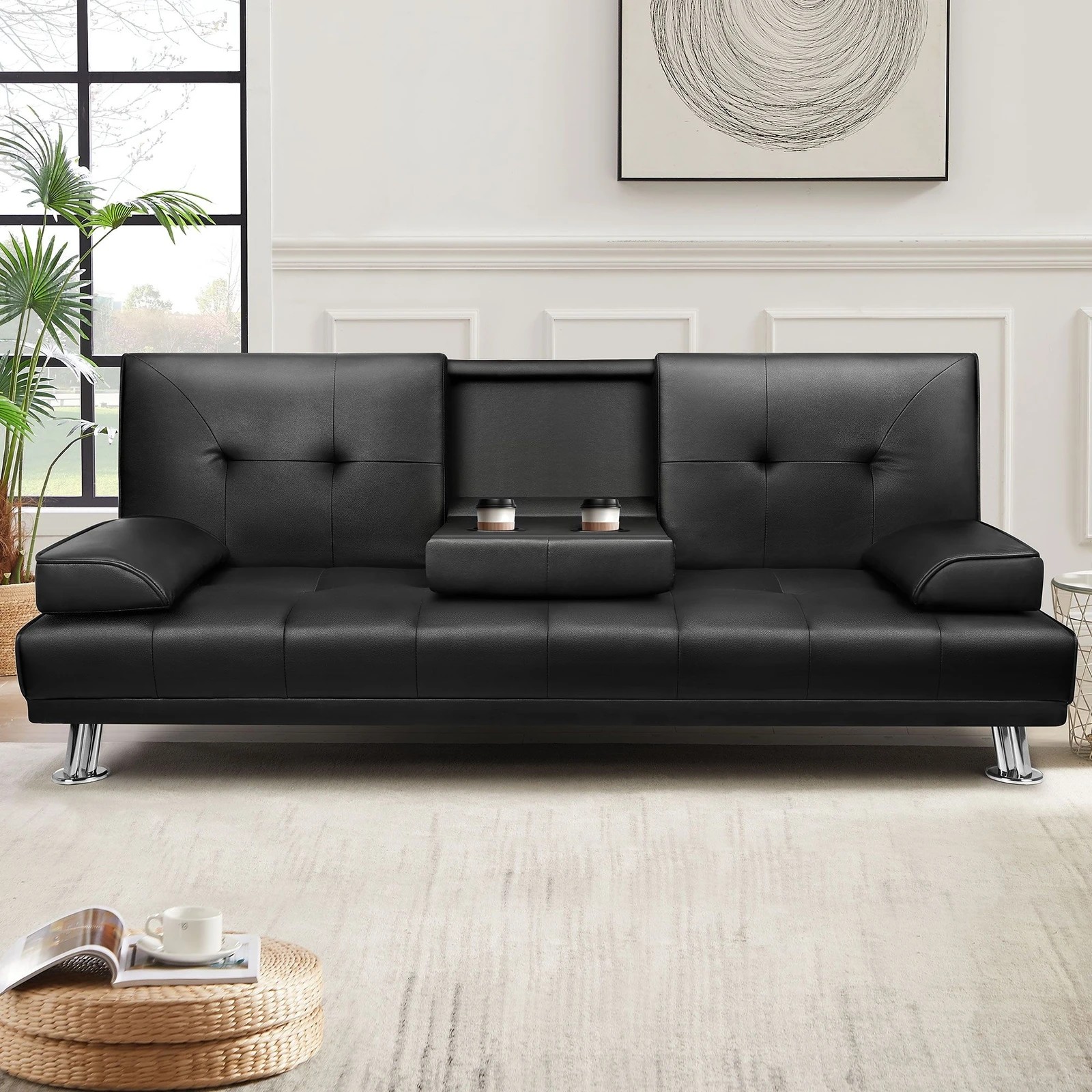 9 Alfordson Sofa Bed Lounge 3 Seater Futon Couch Cup Holder Leather - Black, 9 of 10