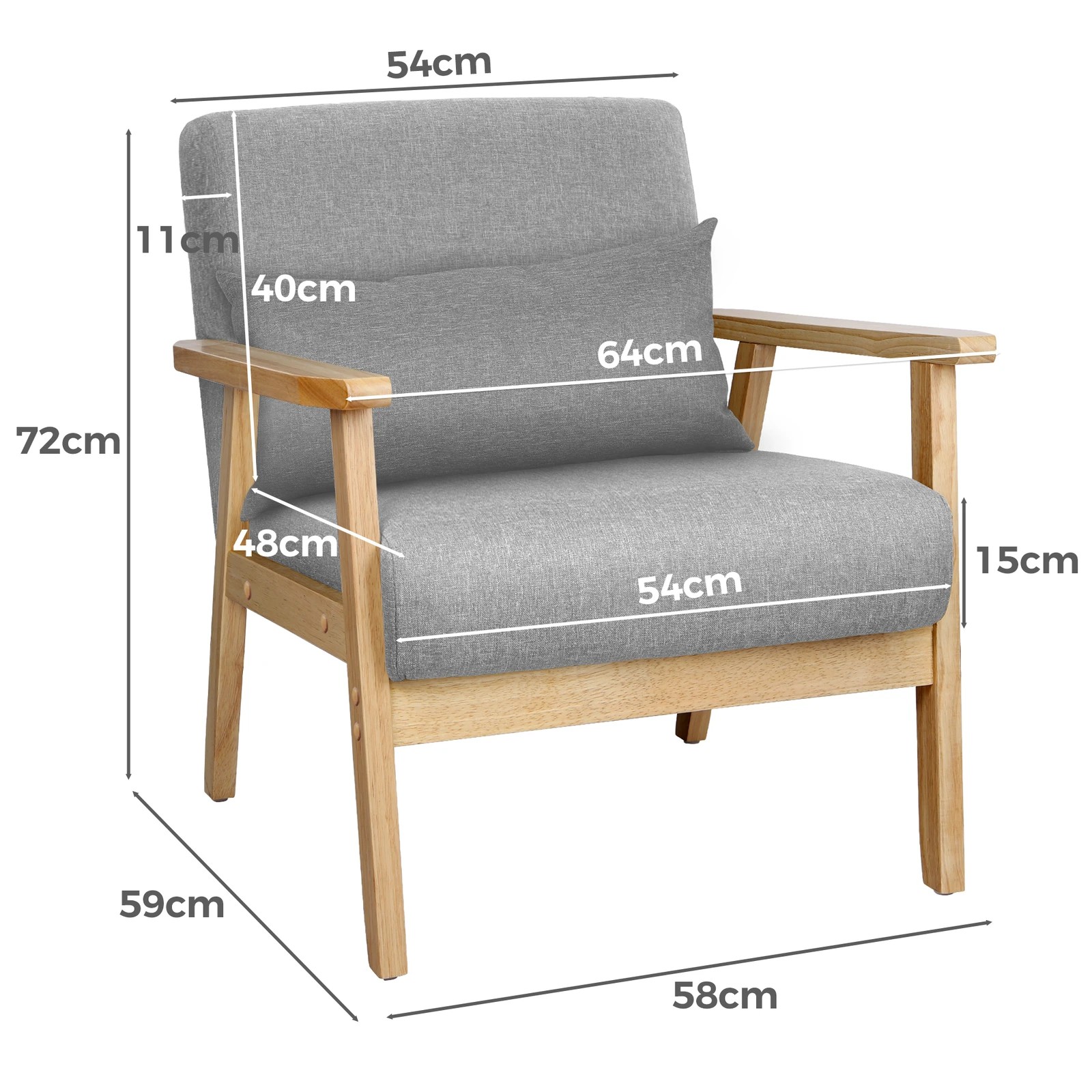 6 Alfordson Armchair Lounge Chair Accent Chair Cushion Sofa Couch Fabric - Light Grey, 6 of 9