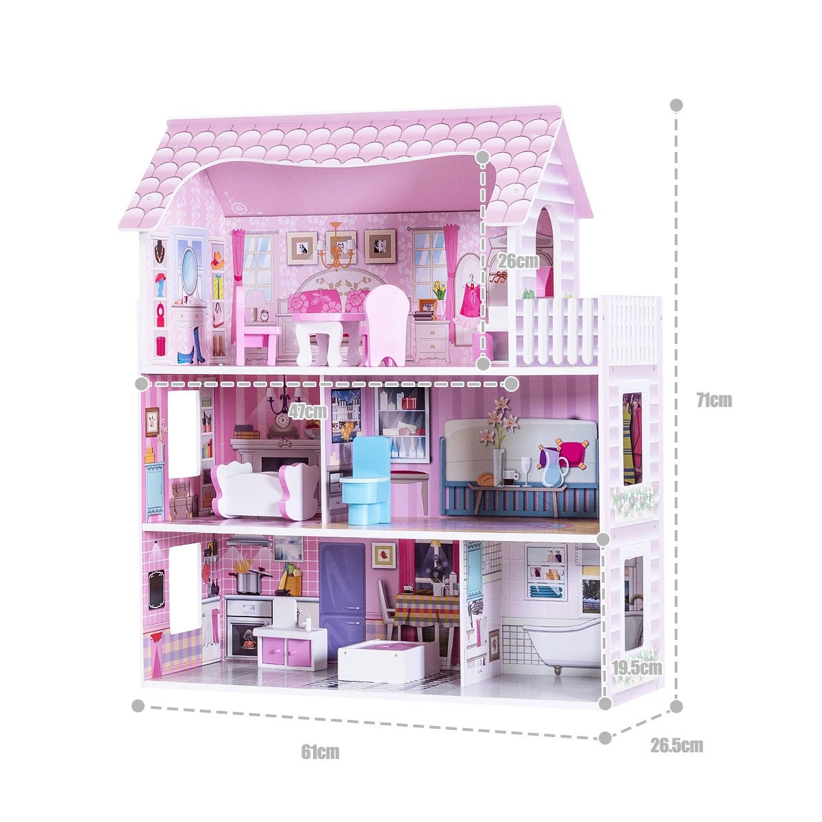 3 Costway 3-Tier Doll House Kit Wood Dreamhouse Playset, 3 of 5