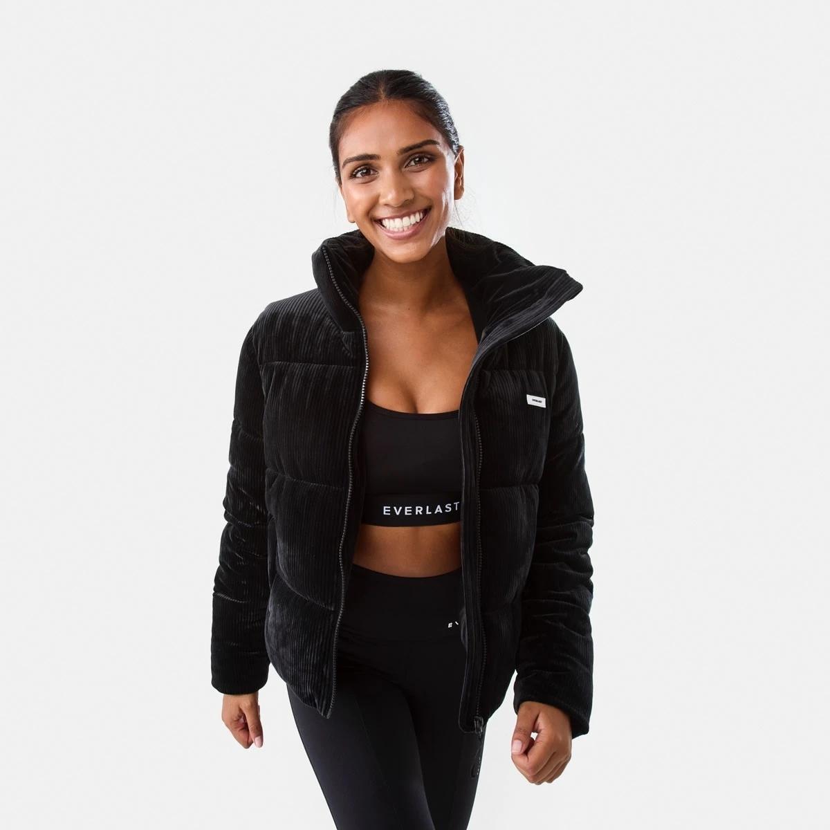 1 Everlast Womens Ribbed Velour Puffer Jacket Black, 1 of 8