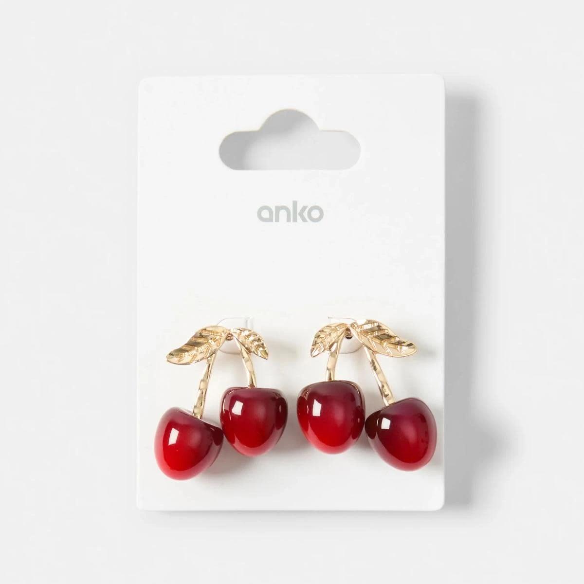 5 3D Cherry Stud Earrings - Red and Gold Tone BURGUNDY CHERRY, 5 of 5