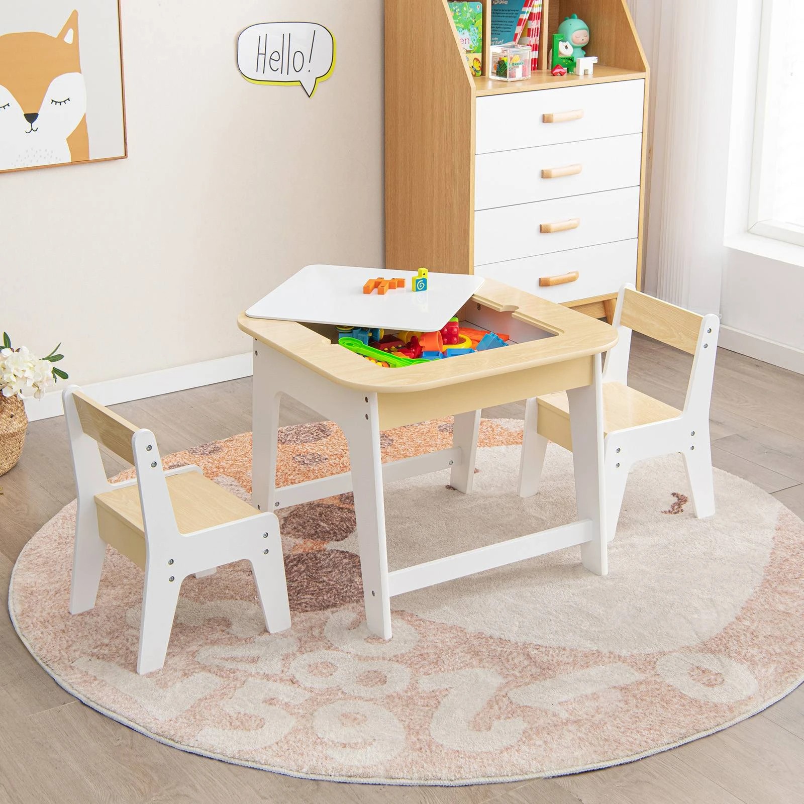 4 Costway Double-Sided Kids Drawing Table & Chairs Set - Natural, 4 of 6