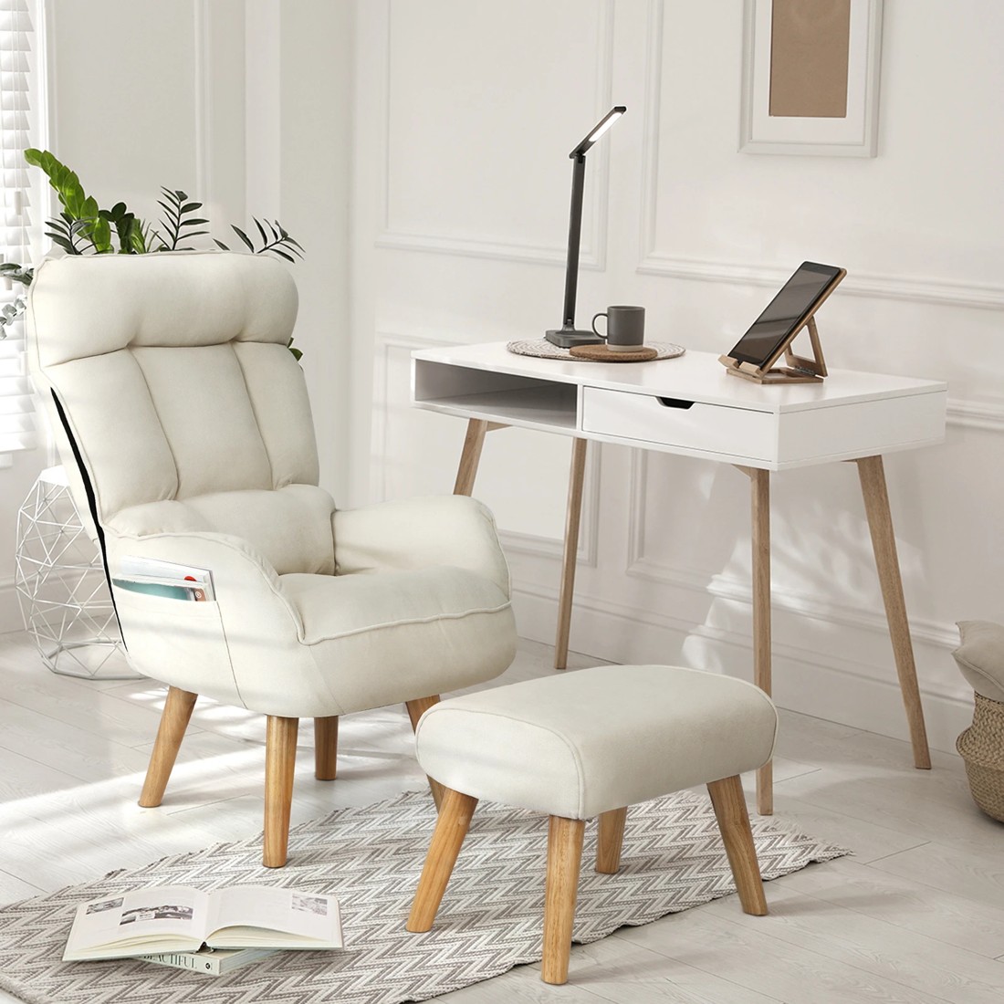 3 Oikiture Swivel Recliner Armchair Lounge Ottoman Accent Chair With Stool
 - Beige, 3 of 10