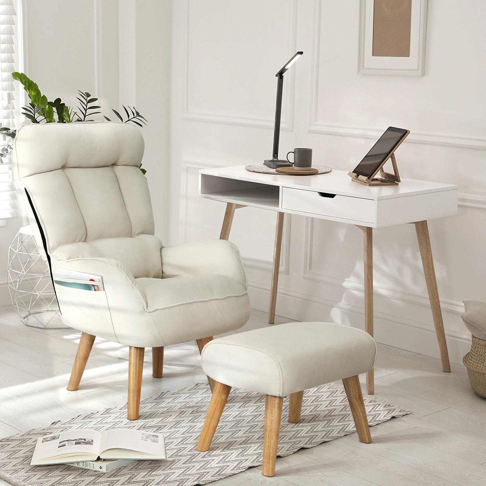 3 Oikiture Swivel Recliner Armchair Lounge Ottoman Accent Chair With Stool
 - Beige, 3 of 10