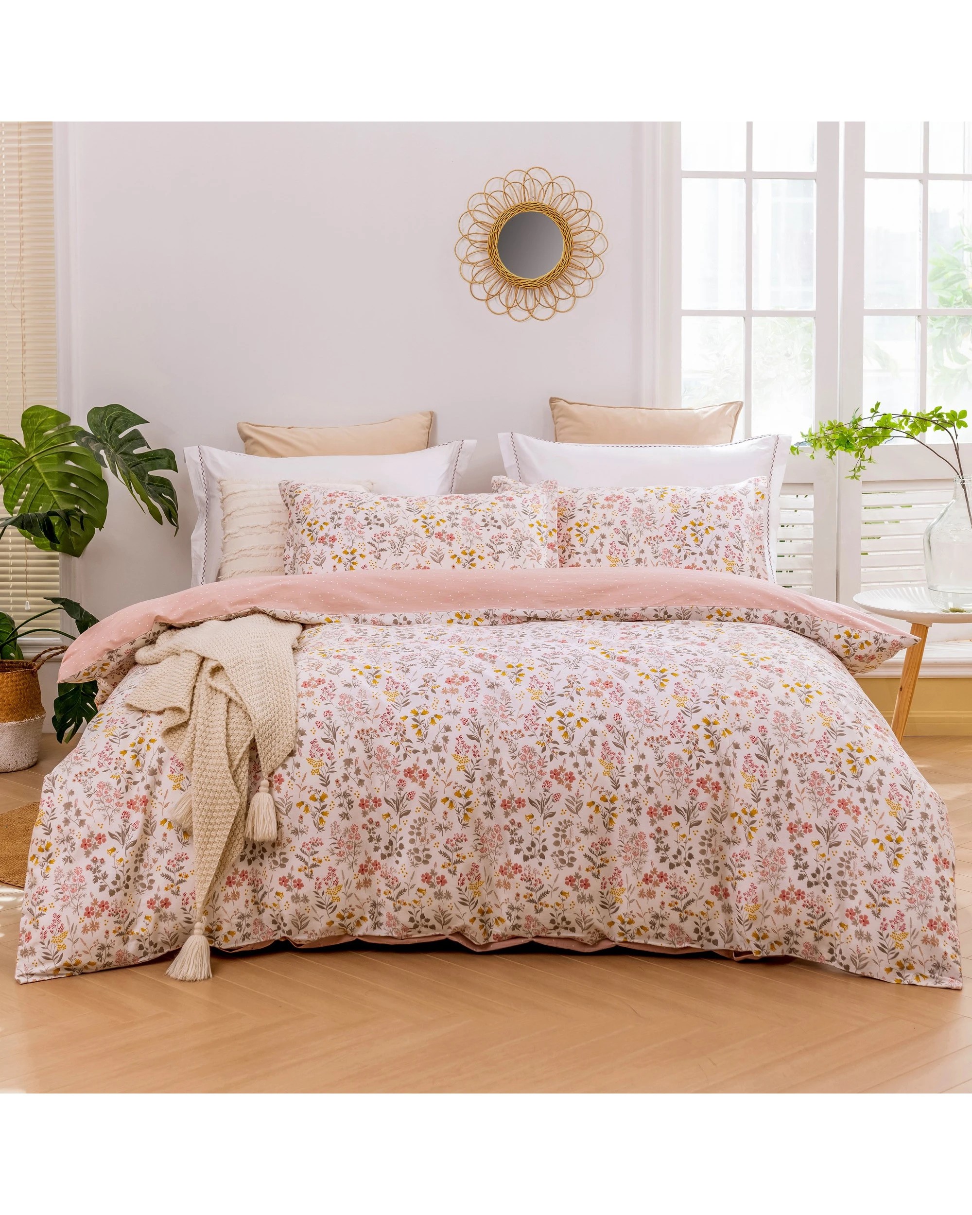 1 Dreamaker Cottage Flowers 100% Cotton Reversible Quilt Cover Set - King Single Bed - Pink, 1 of 5