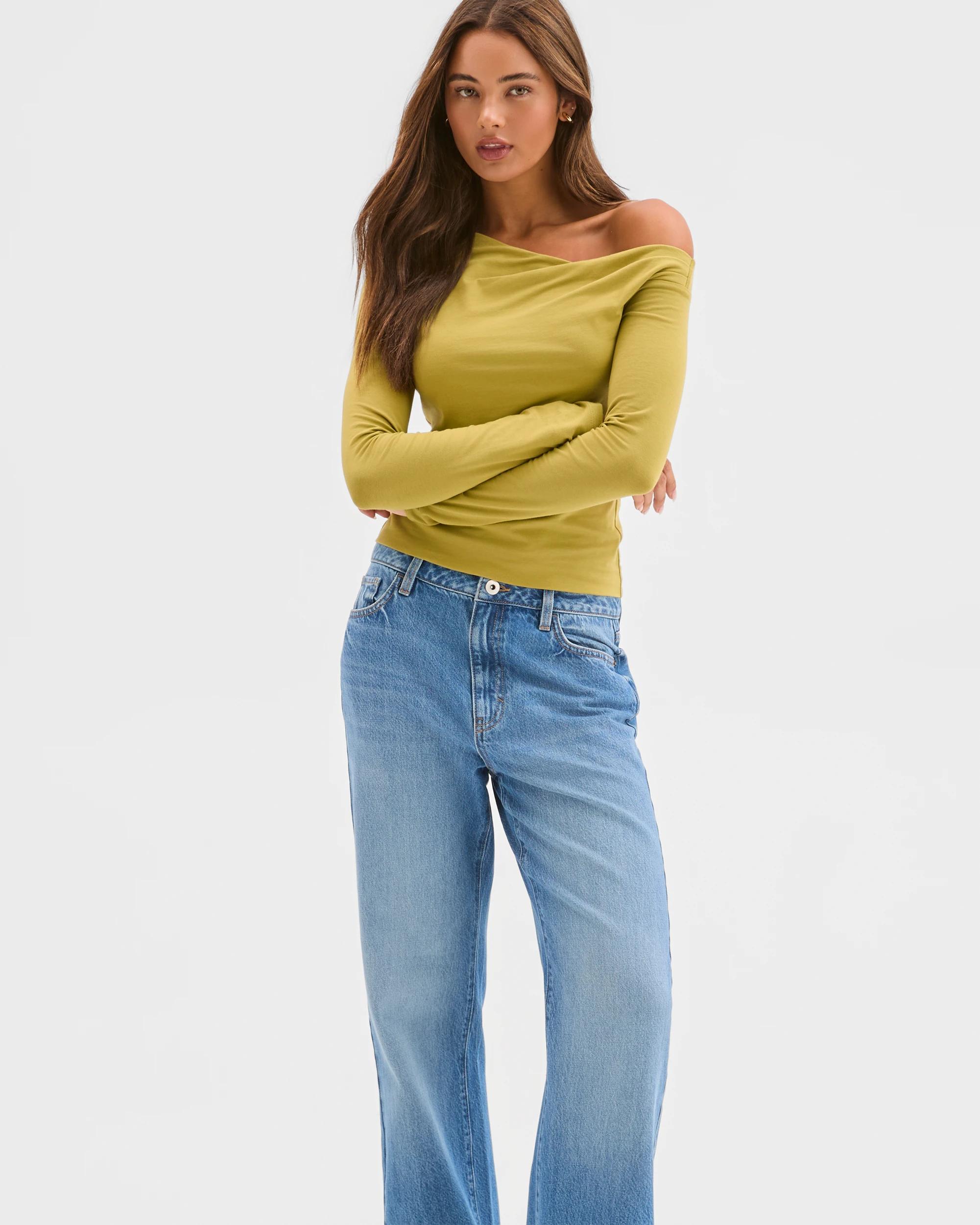 3 Lily Loves Australian Cotton Off Shoulder Long Sleeve Top MARTINI GREEN, 3 of 7