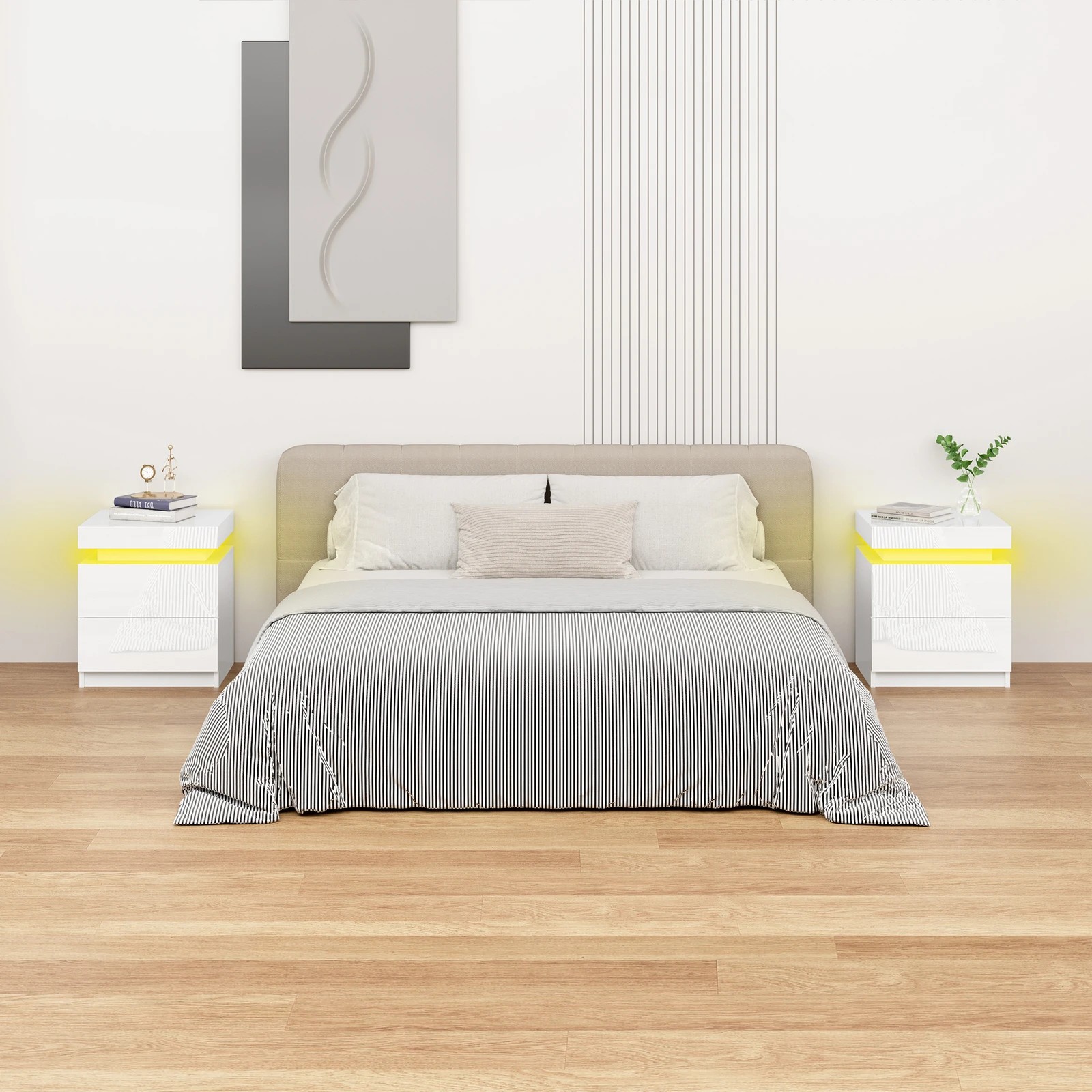 3 Alfordson Bedside Table RGB LED Nightstand 2 Drawers 4 Side High Gloss - White, 3 of 10