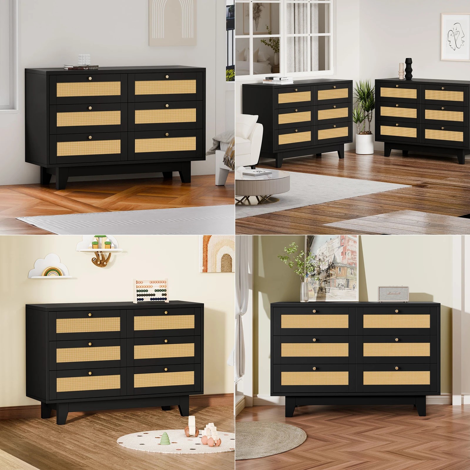 4 Alfordson 6 Chest of Drawers Rattan Storage Cabinet Dresser - Black, 4 of 10