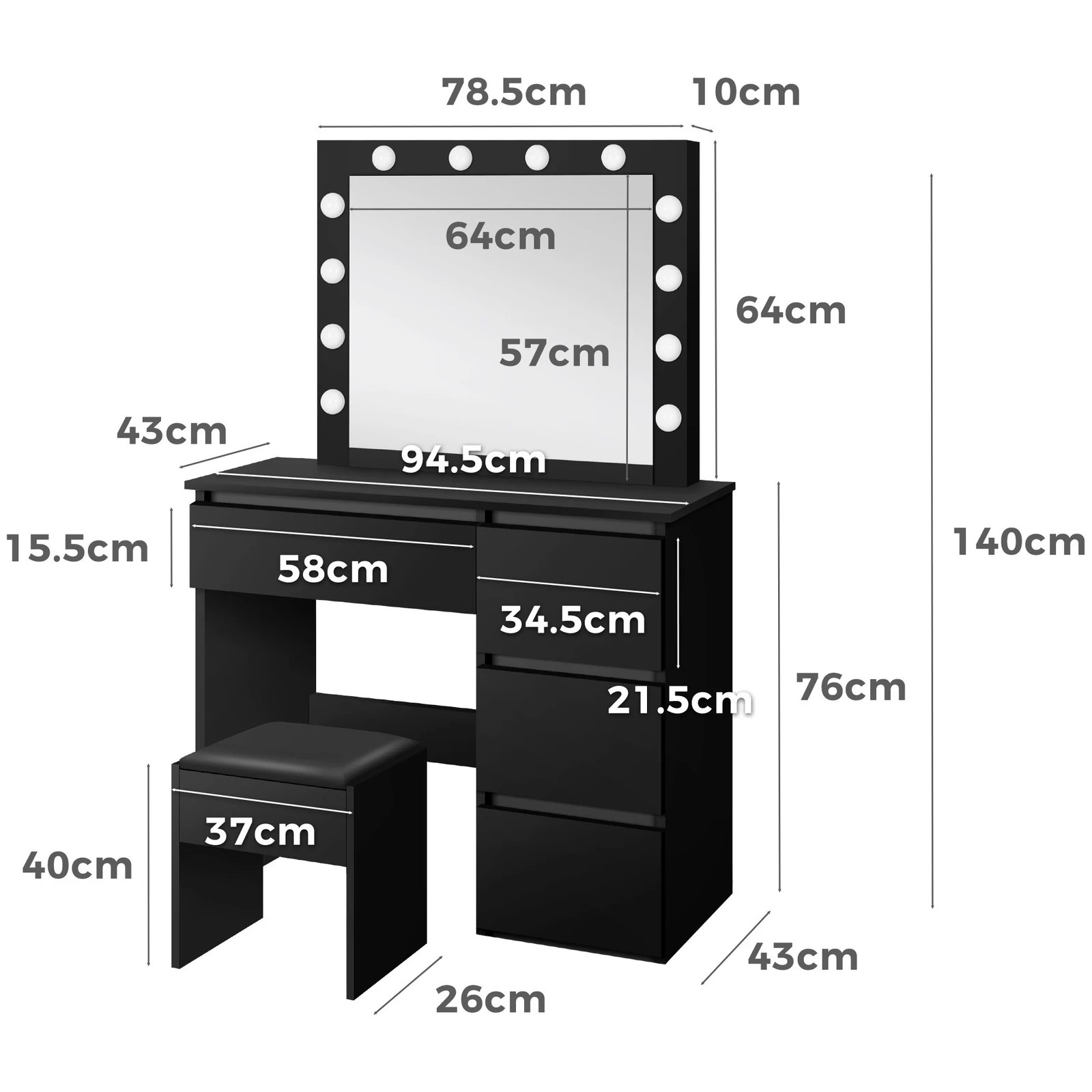 9 Alfordson Dressing Table Stool Set Makeup Mirror Desk LED 12 Bulbs - Black, 9 of 10