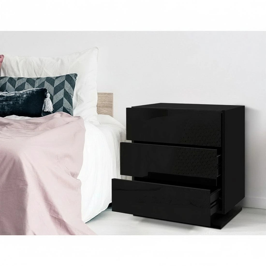 4 Artiss Bedside Table LED 3 Drawers - Black, 4 of 6